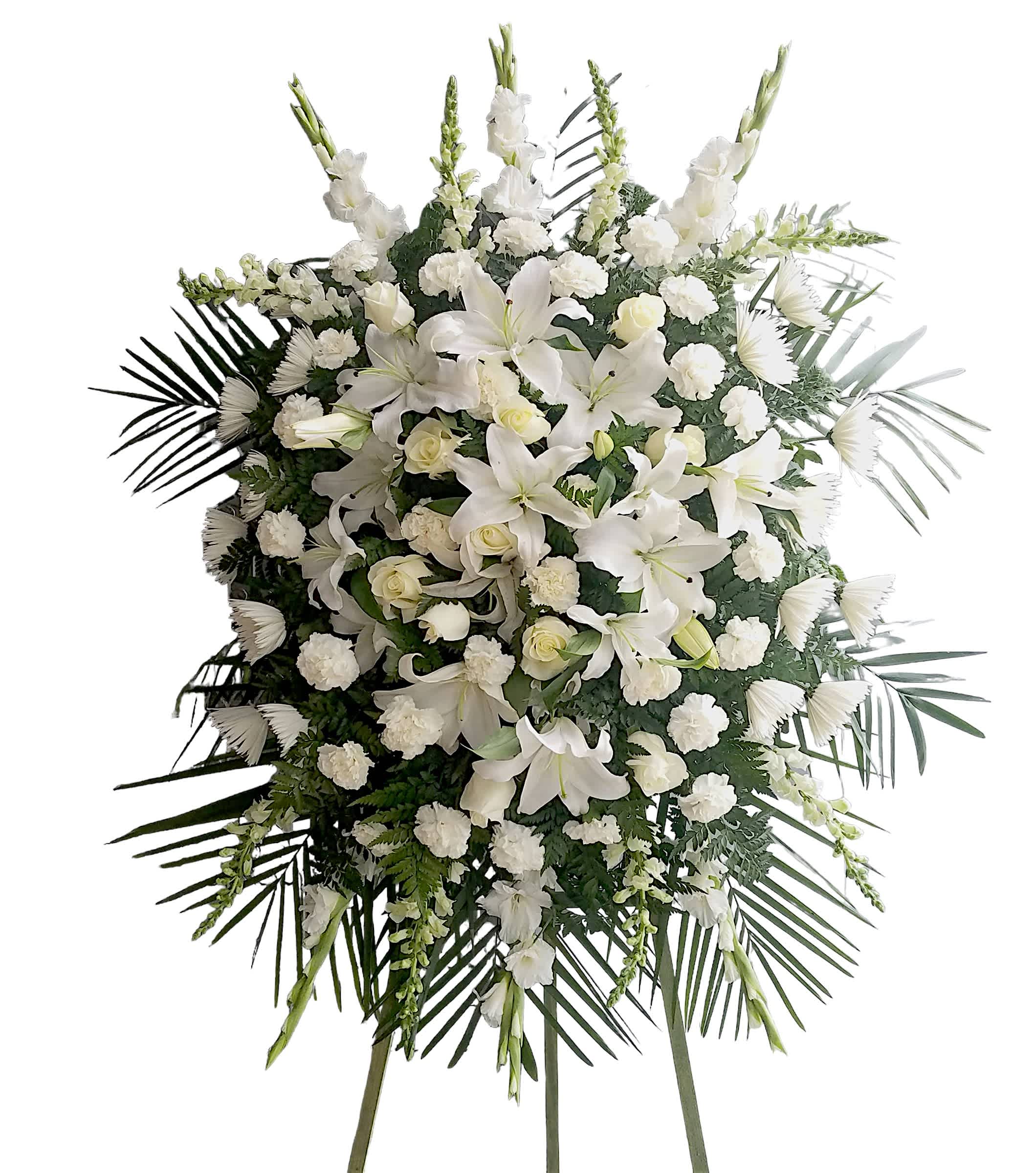 Eternal Rest Spray Eternal Rest Spray - Eternal Rest Spray includes: White Lilies White Roses White Gladiolus White Carnations This type of design is usually approximately 5 - 6 ft tall and is meant for funeral services ONLY. This design includes a free banner (please include a banner sign in the Special Instruction Box or Message Box with the title “BANNER”). In the event a banner space is left blank for any reason, ONLY a card message will be included. Banners are printed in a black 2.5-inch wide ribbon with silver ink. Currently, we don't offer any other colors. If the service is the same day as the order was placed we cannot guarantee delivery by a certain time. And flowers will be delivered during normal business hours. To ensure the delivered flowers match the displayed photo as close as possible we recommend ordering 3-5 days in advance. For the same or next day deliveries, we reserve a right to substitute flowers with the same or greater value.