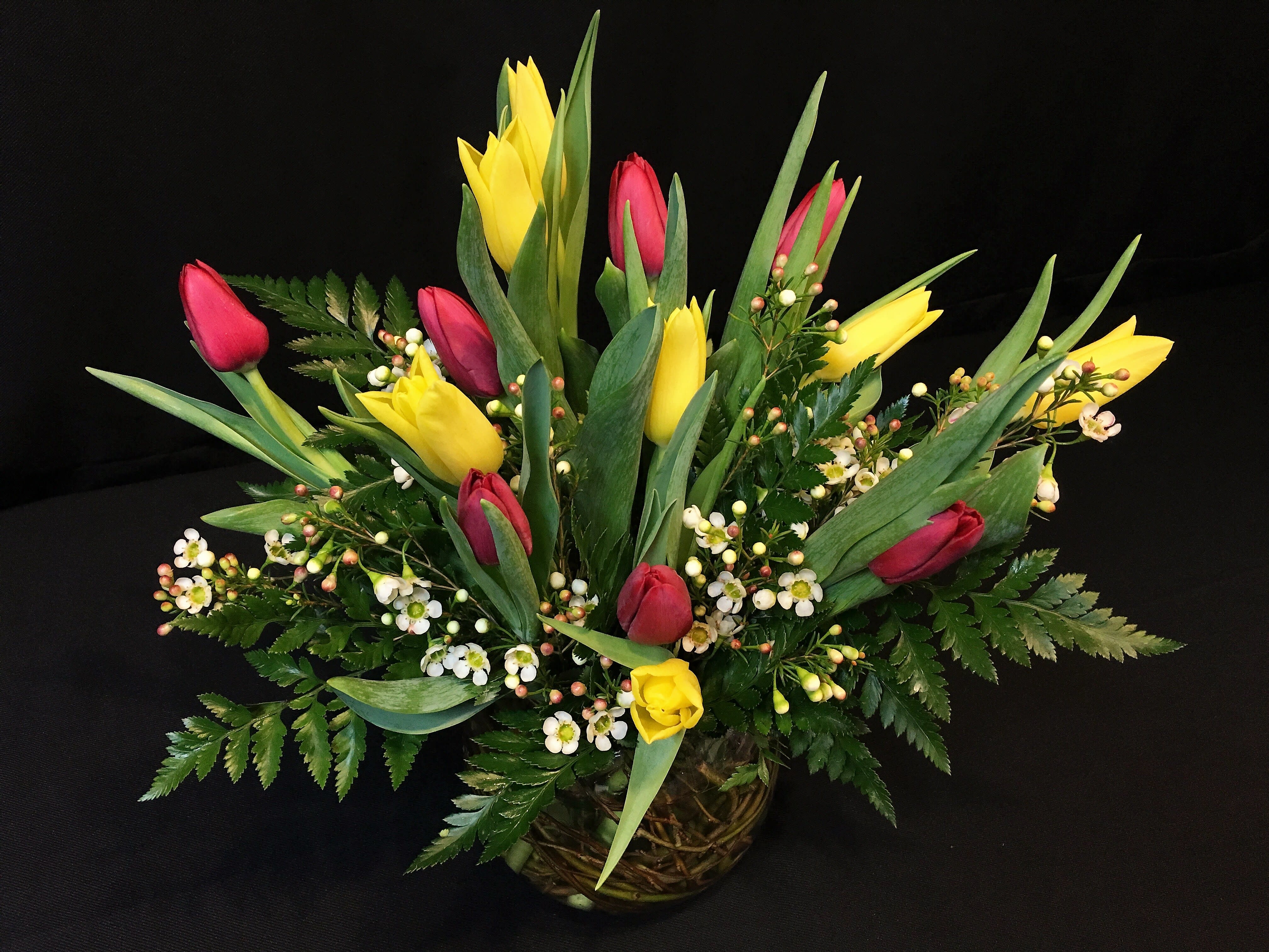 Local mixed tulip bowl - 15 locally grown tulips mixed with a filler flower and fern.  Arranged in a tasteful clear glass bowl with a web of willow throughout the bowl.  Colors and filler flowers will vary.
