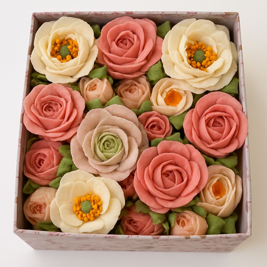 Blossom Box Blossom Box - Handmade Whipped Fruit Blossom Arrangements Discover our one-of-a-kind handmade whipped fruit blossom arrangements — a luxurious blend of beauty and flavor. Each bouquet is carefully crafted from light, airy confections, artistically shaped and decorated to resemble real flowers. Perfect for birthdays, weddings, baby showers, or as a memorable gift. Our fruit blossoms are made entirely by hand from egg whites, sugar, apple purée, strawberry purée, and agar-agar powder. They’re delicate, fruity, and completely edible — a sweet surprise that also looks stunning. Allergy Notice: Our handmade fruit blossoms contain egg whites and natural fruit purées. Please review ingredients carefully if you or your guests have food allergies or sensitivities. Storage Tips: To enjoy them at their best, keep your blossoms in a cool, dry place away from direct sunlight. Best enjoyed within 3–5 days of purchase.