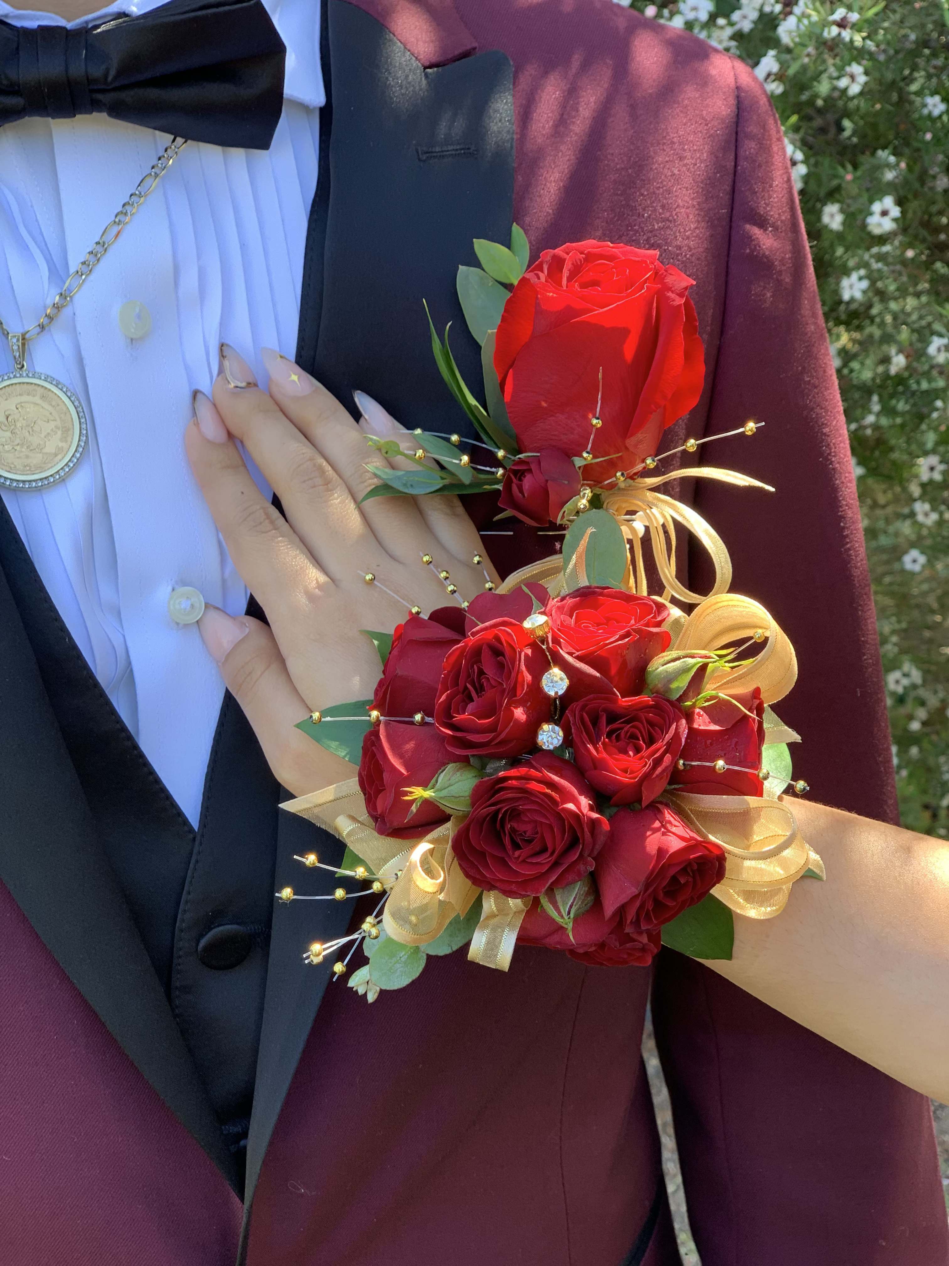 Corsage &amp; Boutonniere Set for PROM - Make prom night unforgettable with out custom- designed corsages and boutonnieres. Each set is carefully handcrafted using fresh flowers, elegant ribbon, and color accents to match your outfit perfectly. Made  with  classic spray roses modern styles. pre- order now to reserve your personalized set and arrive in style on your special night.  