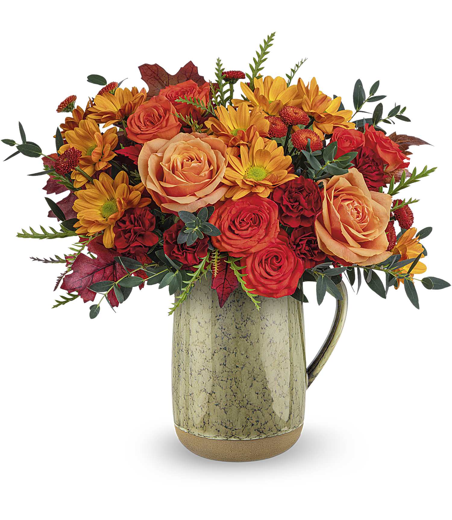 Majestic Meadow - Embrace the charm of autumn's majestic meadow with this heartfelt bouquet, presented in a stunning stoneware pitcher with a captivating reactive glaze. This versatile piece is not only a beautiful centerpiece but also food-safe, making it ideal for decorating your table on Thanksgiving or any memorable occasion.