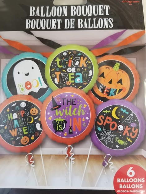 Trick or Treat Balloon Bouquet Trick or Treat Balloon Bouquet - 6 18 inch Halloween Mylar balloons creating the perfect Halloween surprise for your loved one. A festive Halloween weight is included. Bouquet can be upgraded for extra balloon as well attached to add on item Halloween tin filled with candy. Tin filled with candy option under category Halloween .