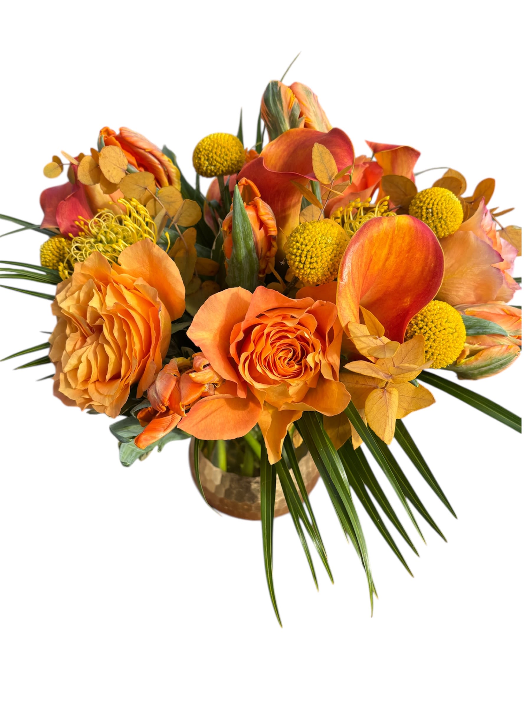 Apricot Dream Apricot Dream - A vibrant arrangement perfect for adding a pop of color to any space. This bouquet features a rich blend of orange Garden Roses, strikingo Calla Lilies, Pincushion Proteas, orange Parrot Tulips, and cheerful yellow Craspedia. Presented in a warm, ribbed vase, it's a beautiful way to bring the essence of autumn indoors.