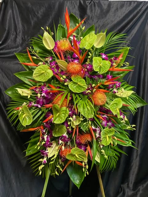 S#2.  Green anthurium easel  3’ x 3’.  - Tropical themed.    Green Midori  &amp; tropic lime anthuriums, pincushion protea,  tropic fleur heliconia and purple Sonia orchids 