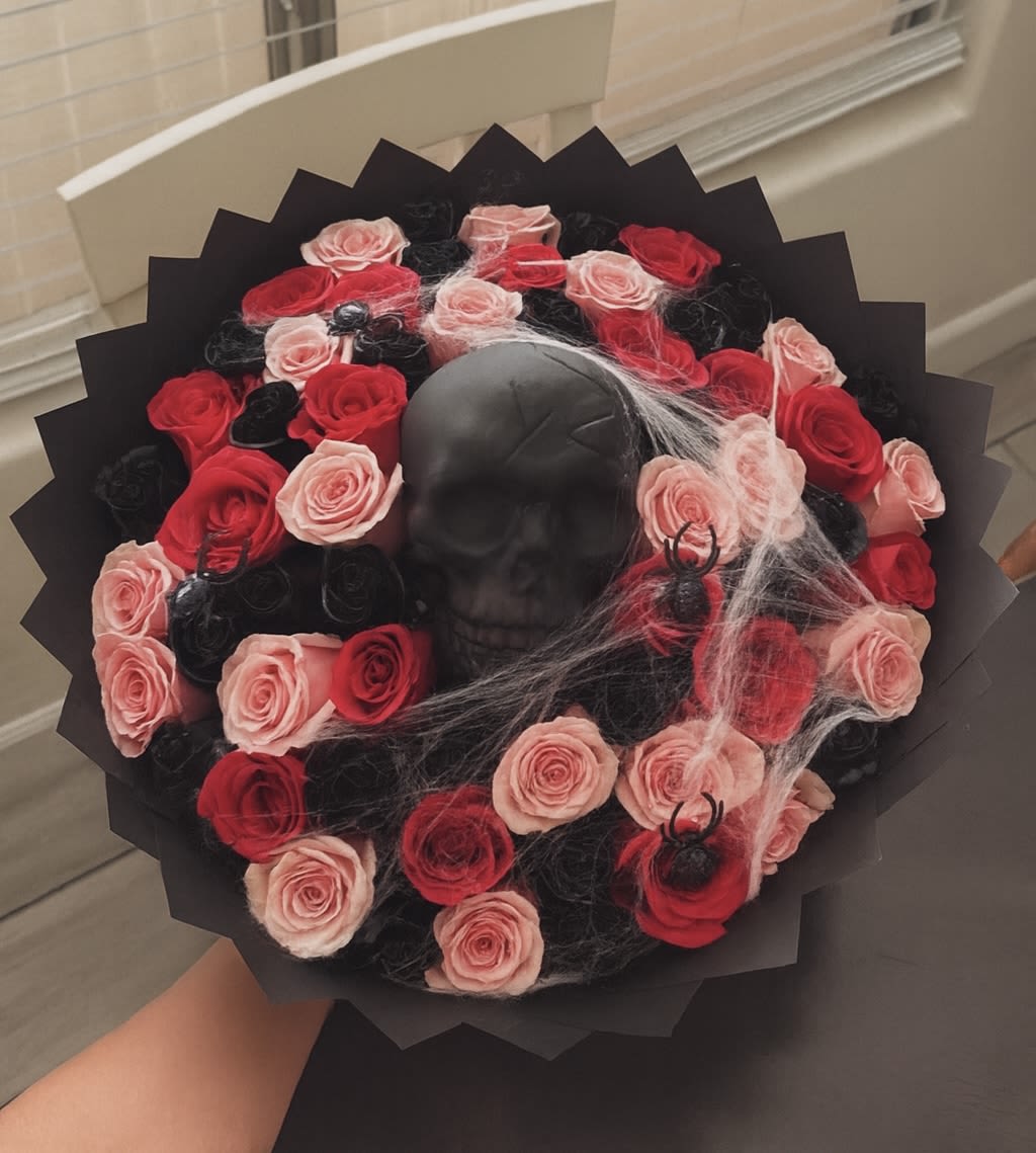 Spooky Pink Bouquet - spooky pink bouquet with pinks and black roses  roses at your choice 25 50 or 75 roses