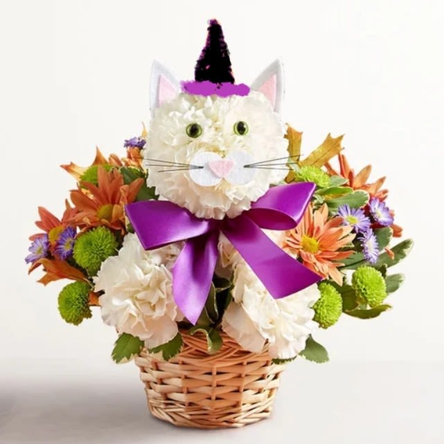 Purrfect Potions in Purple (1800 design) - What says Halloween more than a cat in a witch's hat?  This cutie is topped with a black, purple trimmed witches hat and a matching purple bow while nestled in fall flowers.