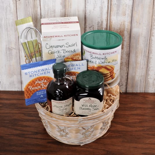 Breakfast Basket Breakfast Basket - This basket includes everything you need for breakfast. Quick break mix, pancake & waffle mix along with jam and syrup are included.