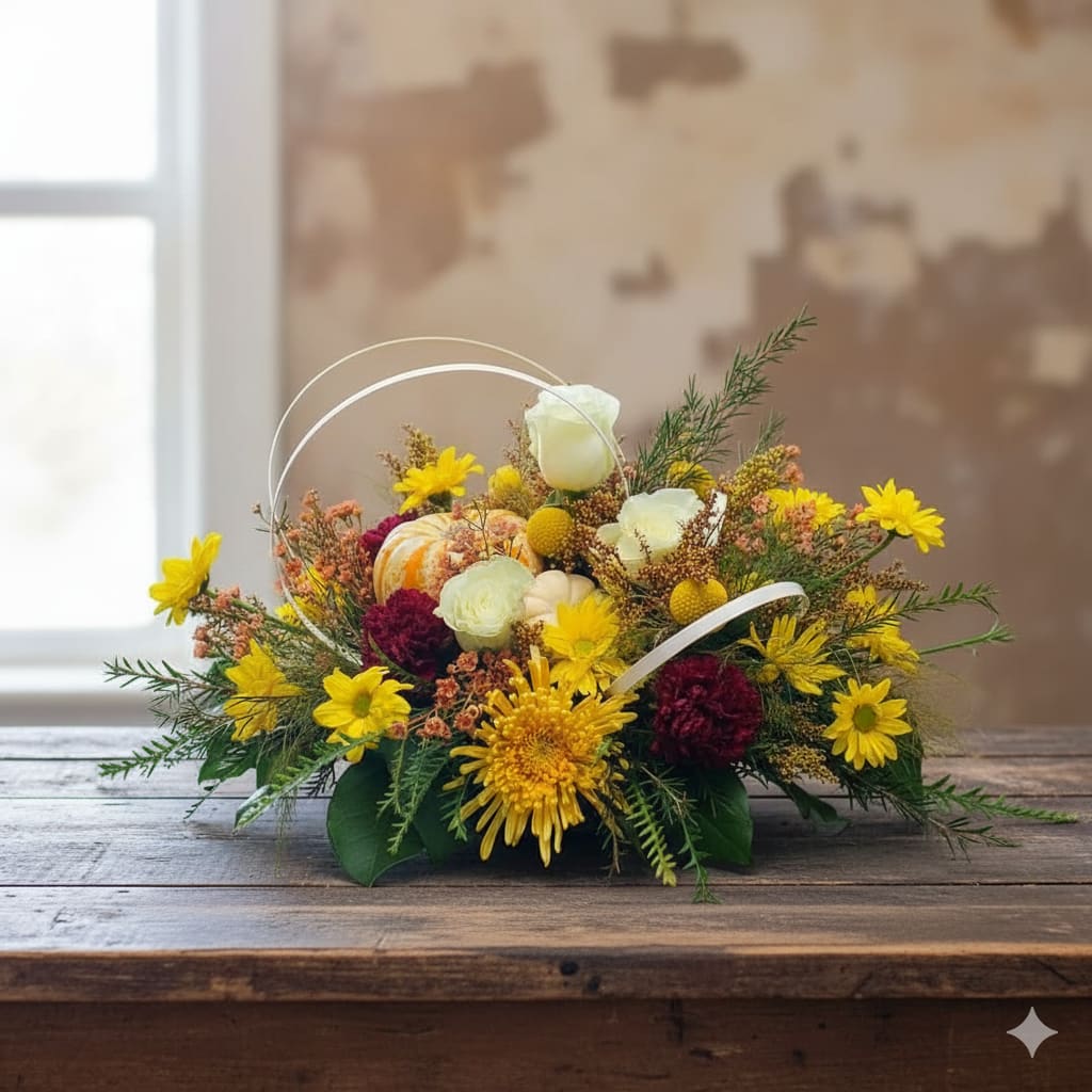 Fall Has Arrived - The colors of orange, yellow, cream, burgundy and fresh greens are a perfect combination for the Autumn season.  This design is extra special with the organic pumpkins designed in the flower arrangement.  This beautiful flower bouquet features fall disbuds, creamy Roses, bright burgundy carnations, and scented waxflower,  Seasonal greenery and great flower textures. This is definitely a favorite of our Olympia neighbors.  If you've been searching for &quot;Flower Shops Near Me&quot;, we would love the opportunity to become your go-to local Flower Shop. We love bringing flowers to our local neighbors and if we can make a flower delivery for you today that would be great!  If you need something extra special, let us create some flower magic for you with our &quot;Fall has Arrived.&quot; This design in flowers is fresh, modern, and the color combination is very much on-trend. The creamy whites have a soothing, calm while the luscious yellow tones are vibrant and full of life. Roses, disbuds, carnations make for a perfect combination of color harmony and texture. What a beautiful gift of flowers this will be,            