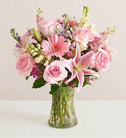  Flower Bouquet Always On My Mind - All-around arrangement with pink roses, Oriental lilies, Gerbera daisies and larkspur; white snapdragons, lavender stock and purple waxflower; accented with assorted greenery