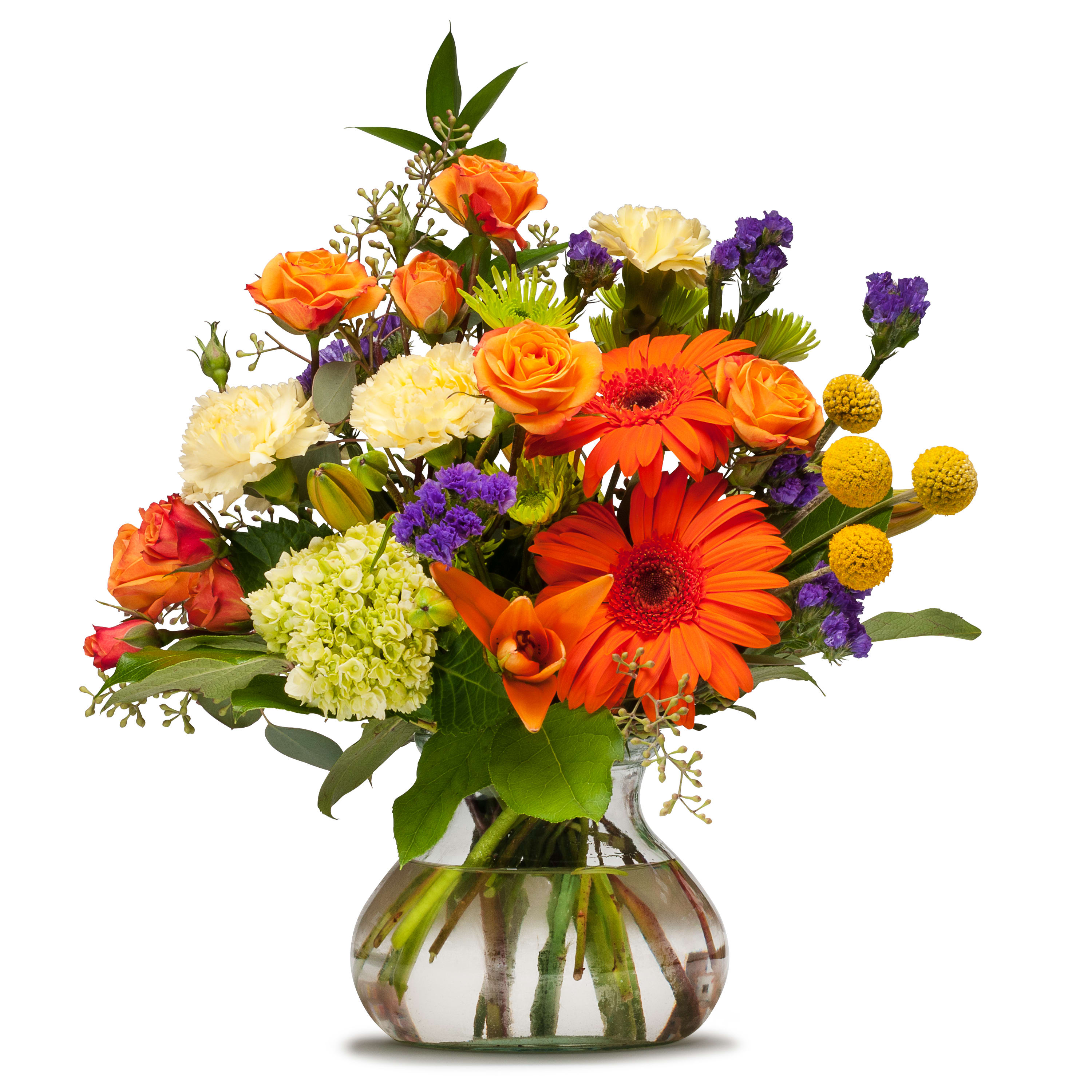 Papaya Whip  - Our Premium Design features a selection of premium blooms in bright fall colors designed in a clear vase. This size fits well on a dining room table â or a coffee table. Approximately 8&quot; (W) x 9 (H)