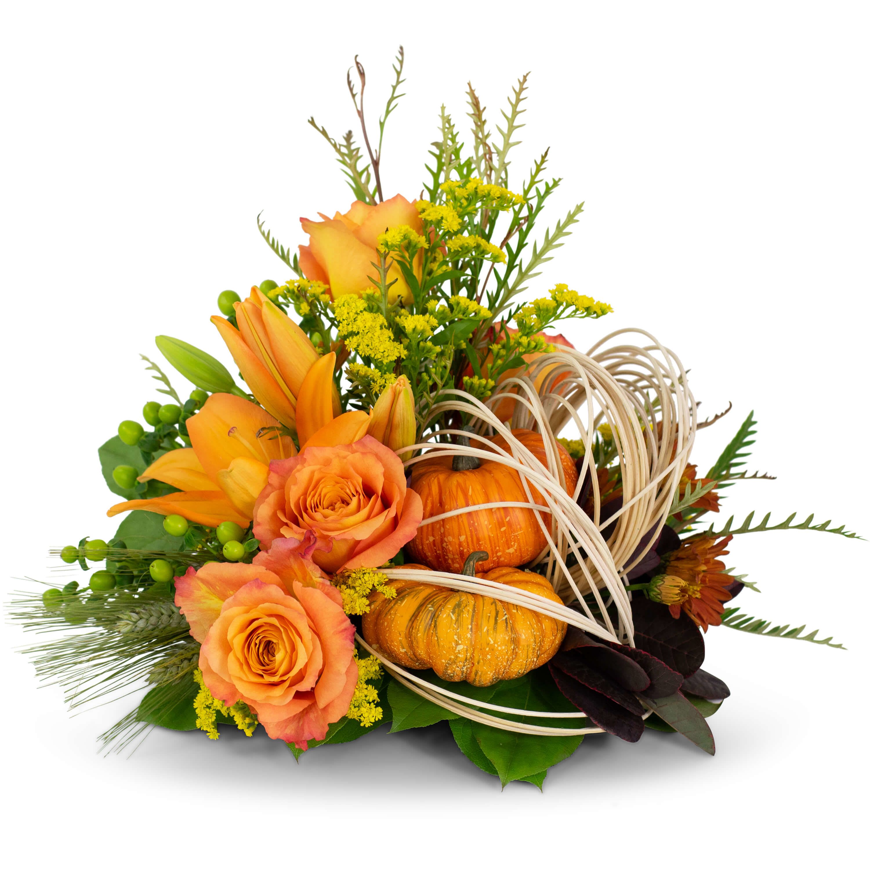 Abundant Cornucopia - Enjoy a modern take on the classic cornucopia. The Abundant Cornucopia will bring a warm fall feeling to any space. This arrangement includes Free Spirit Roses, Asiatic Lilies, Mums, Solidago, and Hypericum Berries, complete with touches of wheat.