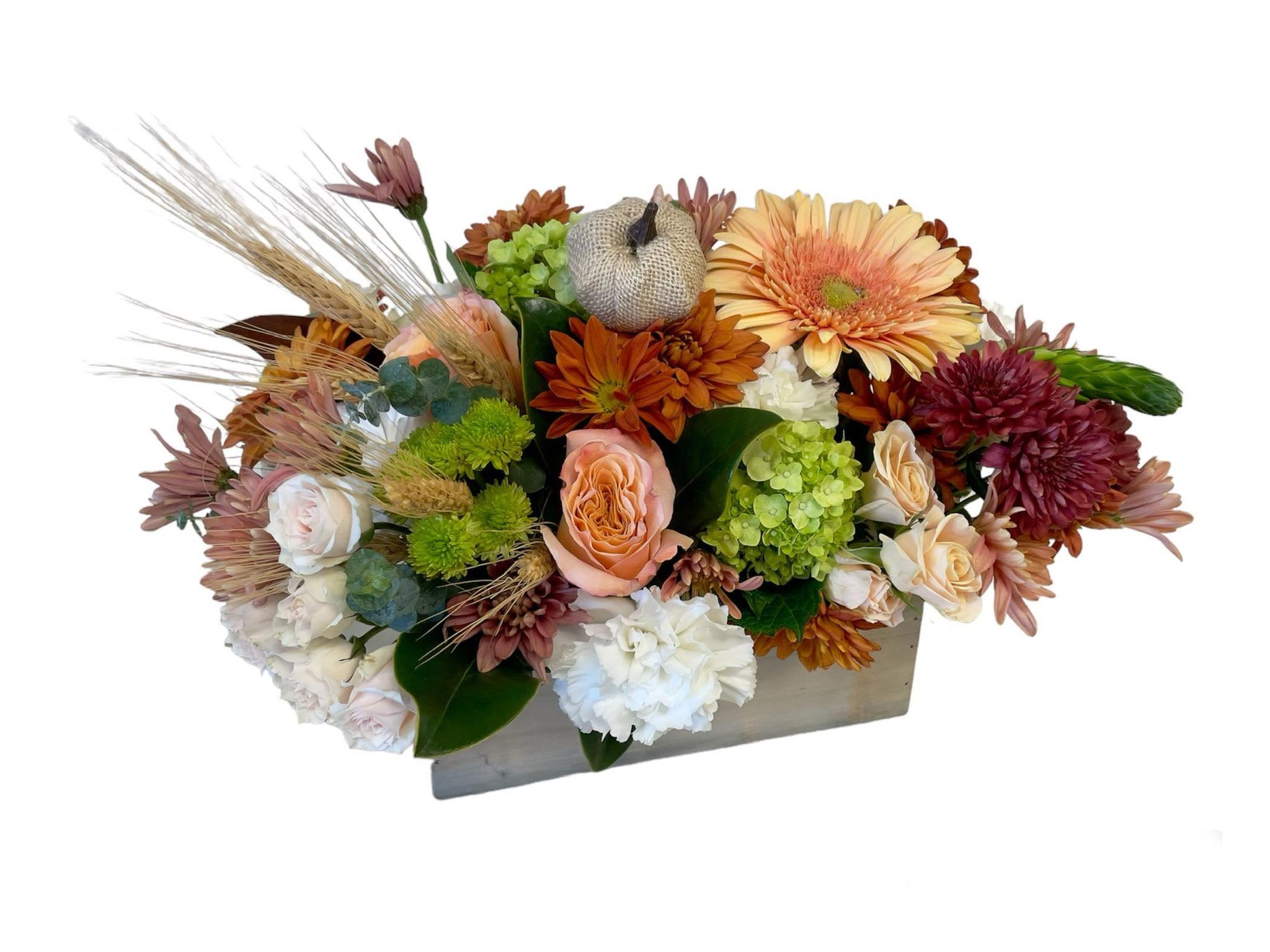 Rustic Elegance in Bloom Rustic Elegance in Bloom - A flower arrangement in a wooden box with shades of peach, greens, browns, and rusty accents is a lovely and rustic autumn-inspired design. The combination of these colors and elements creates a warm and cozy atmosphere. It's perfect for decorating your home during the fall season or for special occasions like Thanksgiving or autumn-themed parties.