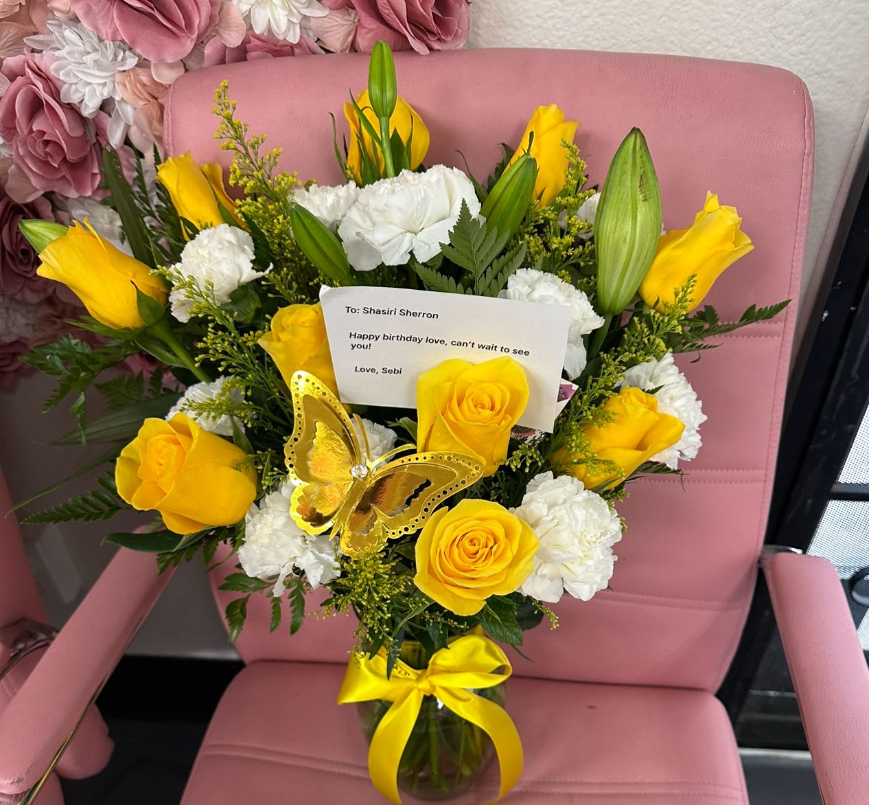 Yellow love arrangement  Yellow love arrangement  - Yellow roses , lilies and carnations