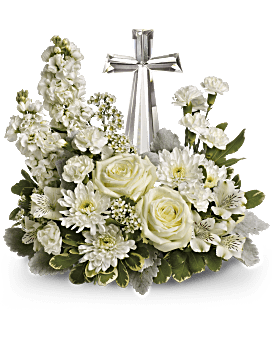 TELEFLORA'S DIVINE PEACE - A ELEGANT DISPLAY OF FAITH AND DIVINE PEACE. A BEAUTIFUL ARRANGEMENT TO COMFORT THE BEREAVED. INCLUDES CRYSTAL CROSS KEEPSAKE