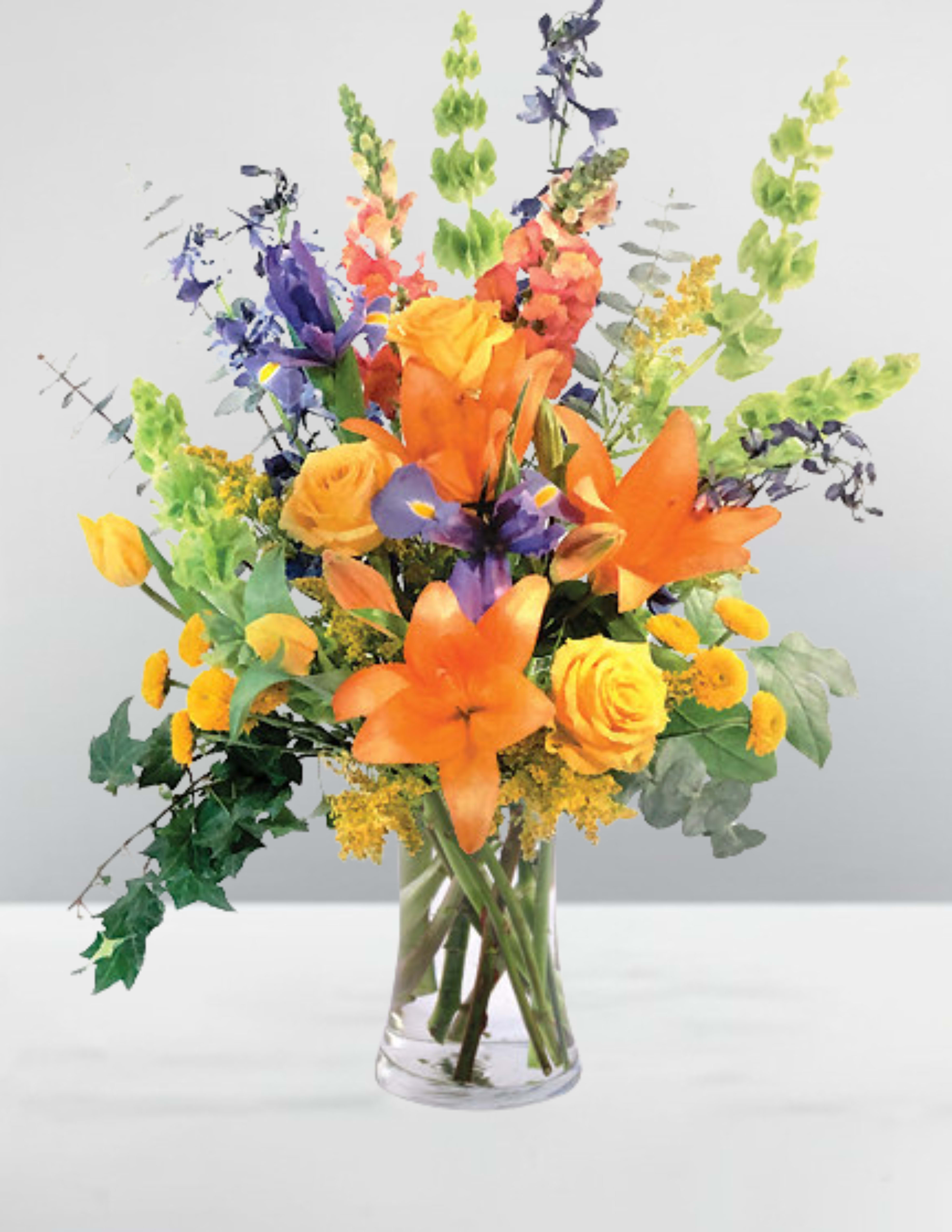 Colorful balance  - Colorful Balance  Celebrate harmony and vibrance with Colorful Balance, a thoughtfully designed arrangement that brings together vivid hues and graceful textures in perfect proportion. Flowing ivy and fragrant baby blue eucalyptus create a lush green foundation, offering soft contrast and natural movement.  Standing tall are four striking Bells of Ireland, symbolizing good luck and serenity, surrounded by the cheerful energy of blue delphinium and golden solidago. Sunny yellow roses and tulips blend with bright yellow button poms for a pop of warmth, while bold orange lilies and snapdragons add a fiery accent. Touches of elegant blue iris complete the composition, adding a hint of calm sophistication.  This uplifting design radiates positivity, making it an ideal choice for celebrating life, offering encouragement, or simply brightening someone’s day  Copyrighted content provided by &lt;a href=&quot;http://www.flowershopnetwork.com&quot;&gt;FlowerShopNetwork.com&lt;/a&gt;.