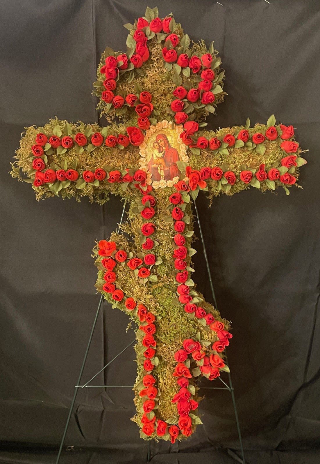 Grave Cross - Eastern Christian, Orthodox, Byzantine Cross with Icon. Made to be placed at the cemetery or some other function. Handmade in house with artificial flowers. This item is pick-up only. If you desire delivery to a cemetery please call the store at 814.536.0536