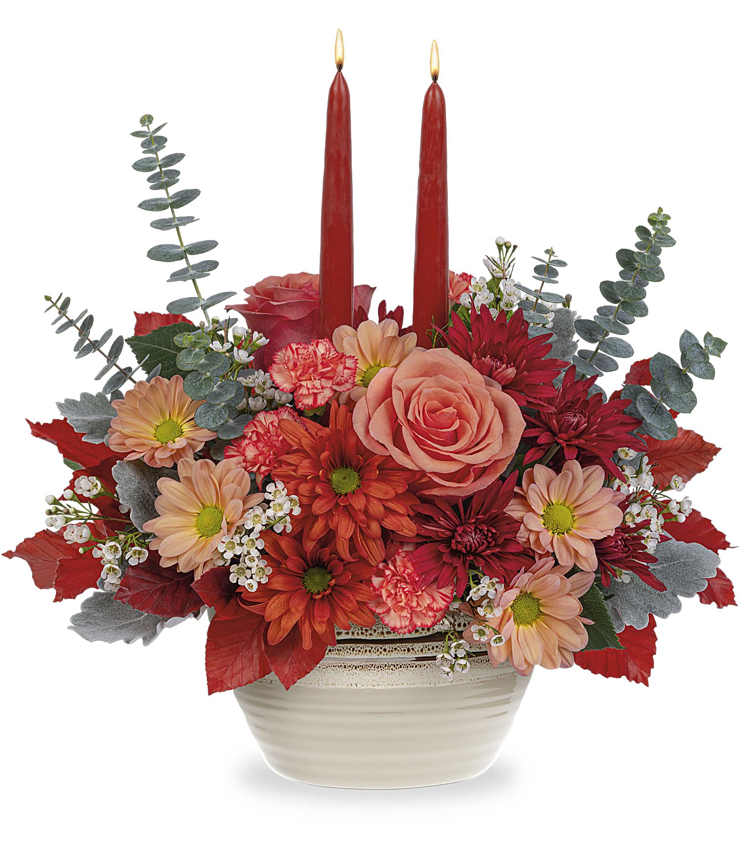 Artisinal Harvest Artisinal Harvest - Brighten your fall gatherings with this artisanal stoneware serving bowl centerpiece, bursting with awe-inspiring orange blooms set beneath glowing tapers. Enjoy for Thanksgiving or any occasion.