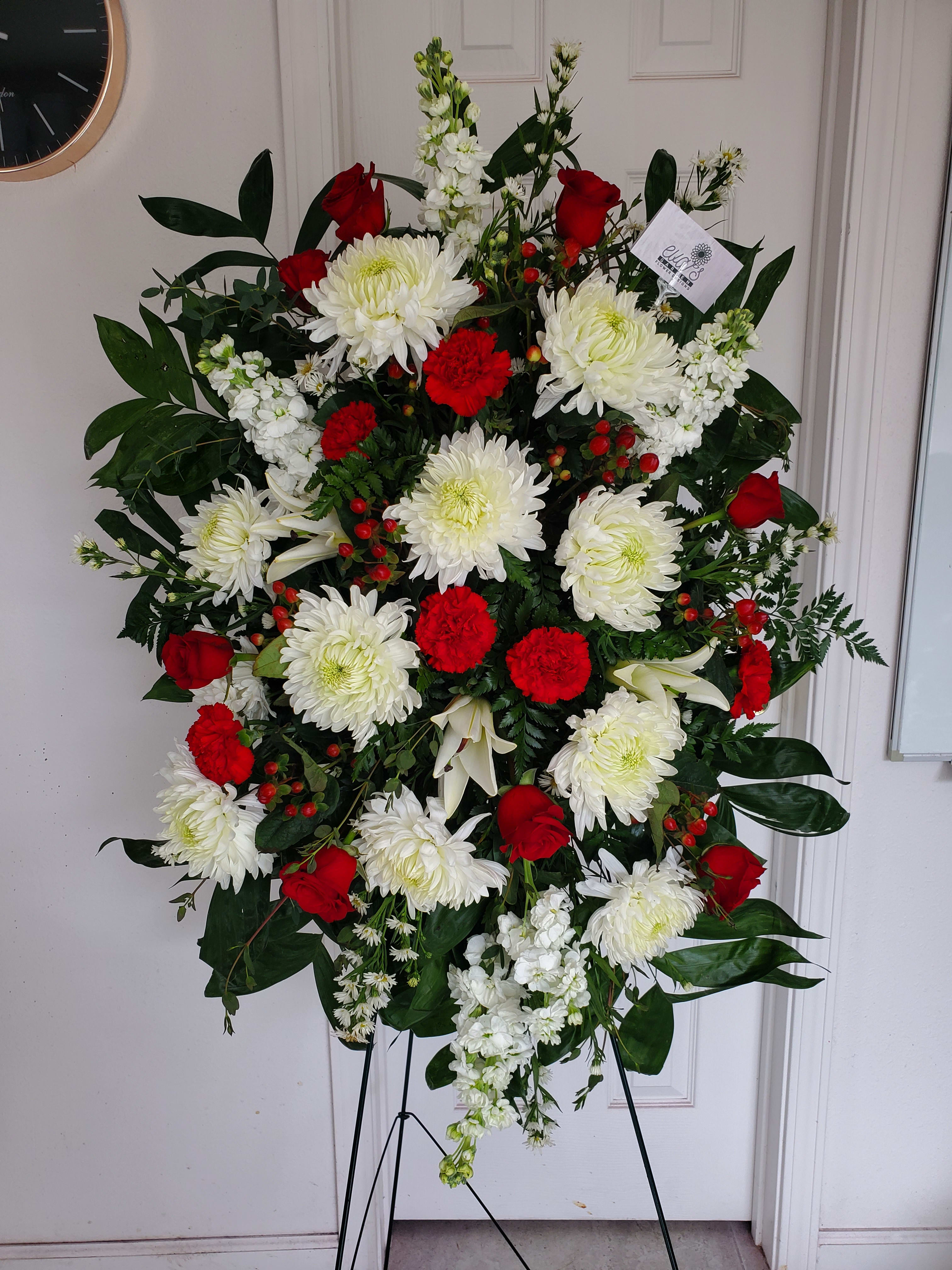 Red Roses &amp; White Football Mums Funeral Spray - Small red and white funeral spray with roses, chrysanthemums, carnations, and other florals.   (Picture depicts a deluxe product; standard &amp; premium size available upon request)
