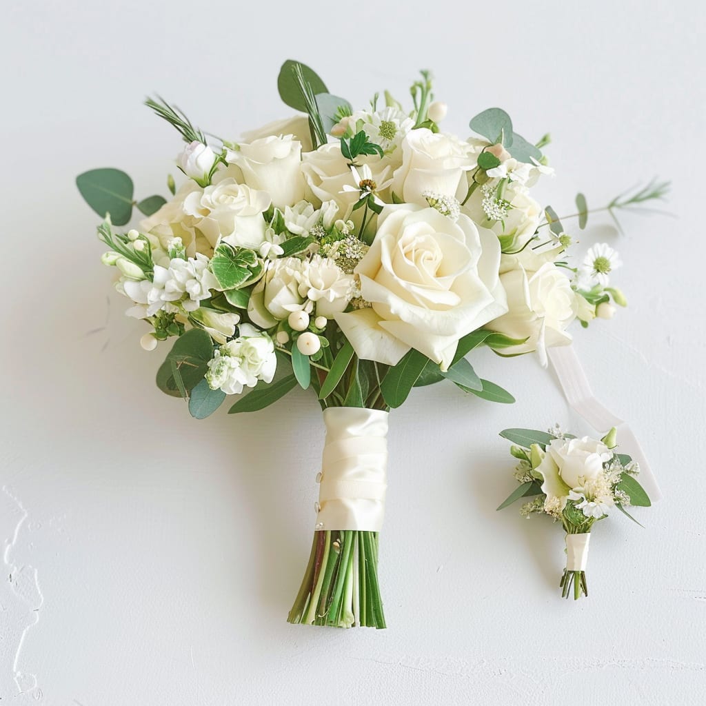 Vow Whisper – Petite Blooms for Intimate I Do’s - Effortlessly elegant and thoughtfully composed, Vow Whisper is the perfect floral set for couples exchanging vows in intimate settings, courthouse weddings, elopements, or small gatherings filled with meaning. This hand-tied bridal bouquet and coordinating boutonniere set is a refined expression of romance in its simplest form.  Designed with a light, airy touch, Vow Whisper features a curated blend of premium roses, seasonal blooms, and delicate textural accents, all artfully arranged with lush greenery. Each bouquet is uniquely composed based on the freshest flowers available, ensuring a one-of-a-kind creation that embodies effortless beauty.  Clients may select from one of four elegant color palettes, All White, All Red, Pastels, or Bright Tones, but the final selection of flowers is left to our expert designers. This Designer’s Choice approach allows us to create with freedom and intention, using only the most pristine blooms at their peak. Kindly note that no special requests or customizations are accepted for this offering.  Perfectly scaled for intimate celebrations, this petite bouquet and boutonniere duo is ideal for couples seeking simplicity without sacrificing artistry.   Proudly delivering throughout DeLand, DeBary, Deltona, Lake Helen, Orange City, Lake Mary, Sanford, Altamonte Springs, and neighboring Central Florida areas.   Let your moment bloom with grace. 