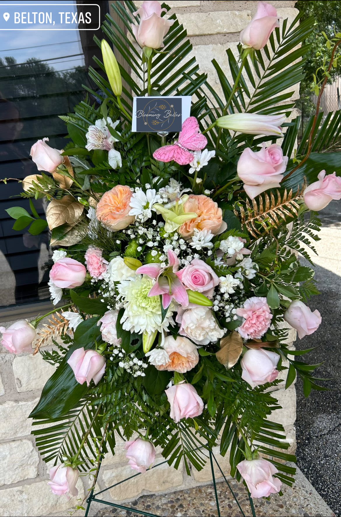 Sympathy Standing Spray  - Pinks rose and carnations with gold accents. 