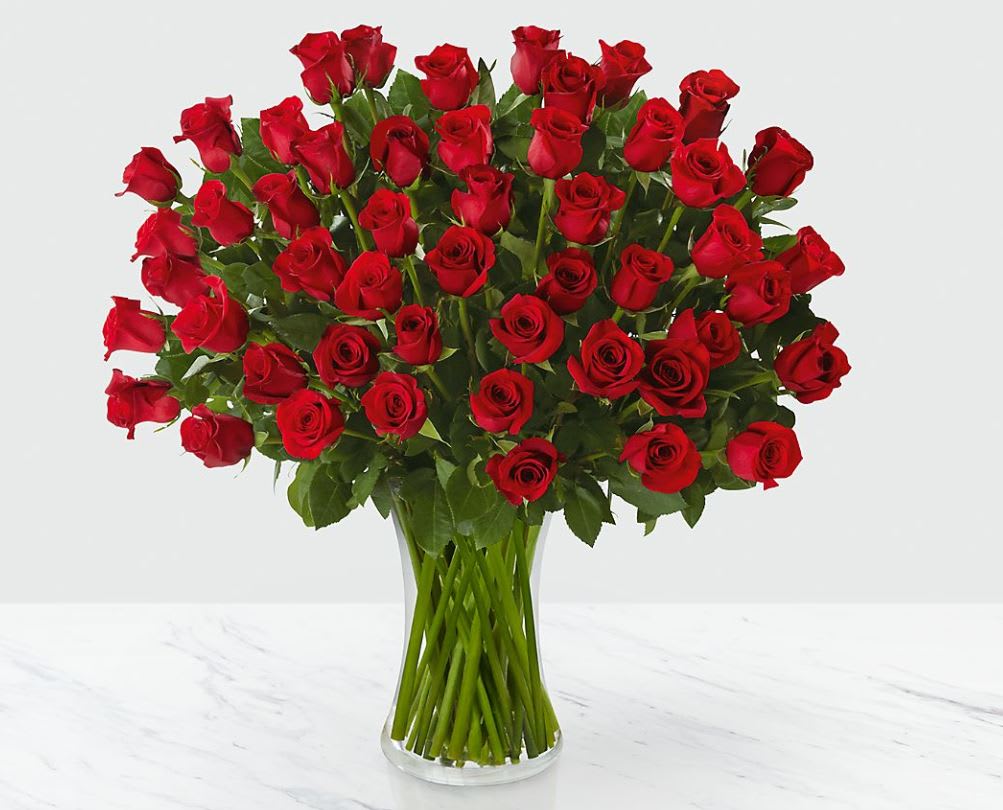 Fifty Long Stem Red Roses - GLASS VASE INCLUDED - This is our best deal yet! Picked fresh from the farm, 50 stems of our premium long stem 16-inch red roses create a fantastic surprise for your special someone with its abundance of swirling blooms. Hand gathered at select floral farms and displaying a rich red hue, this long stem rose bouquet has been picked fresh for you to help you bring on the romance when celebrating an anniversary, to help you say, &quot;I love you&quot;, or to simply let them know they are always on your mind. Bouquet includes 50 stems of red roses.