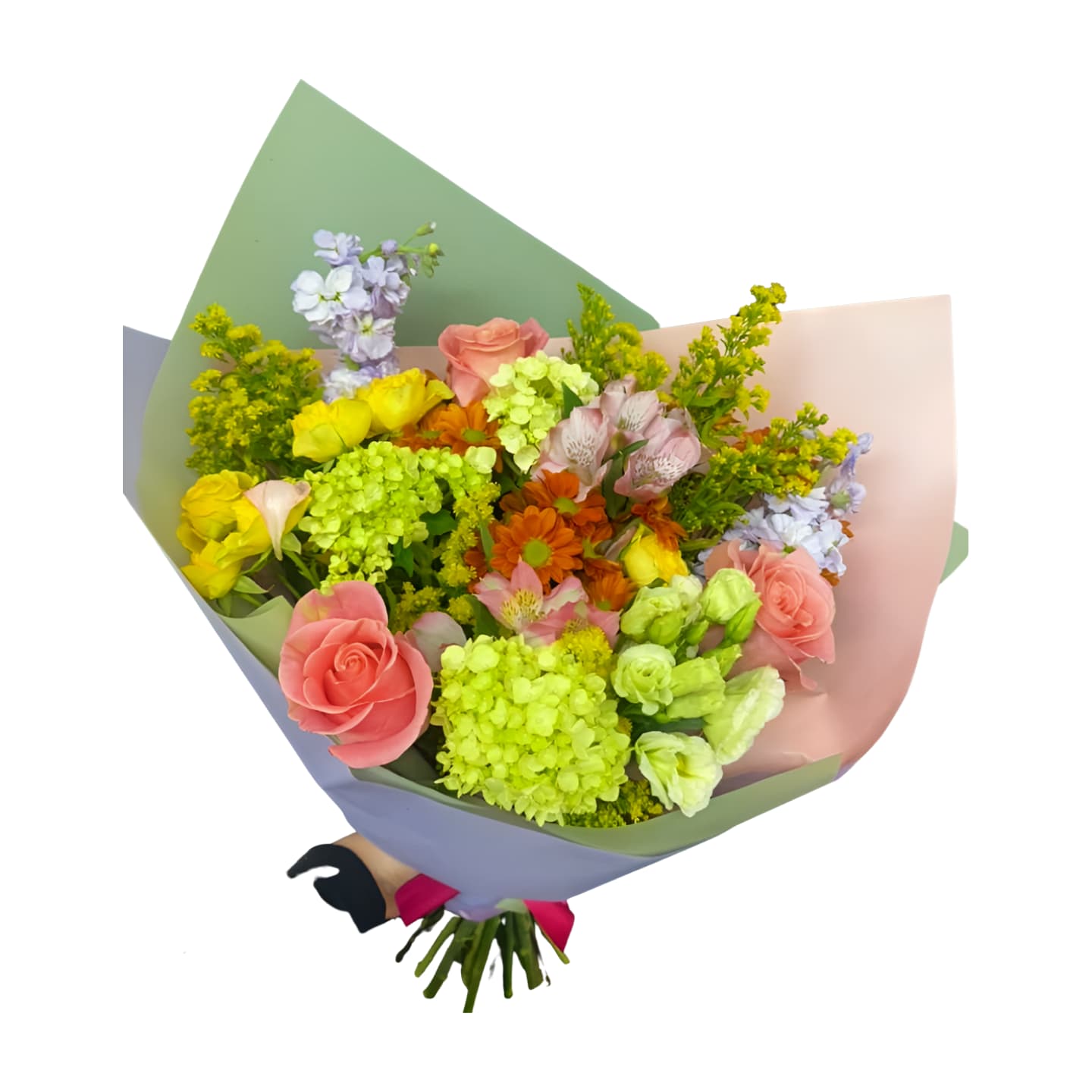 Dreamy Rainbow - A soft, romantic mix in pastel tones- featuring roses, hydrangea, alstroemeria, stock, chrysanthemums, and solidago. Wrapped in a dreamy combo of mint, lavender, and blush paper for a light, airy look.