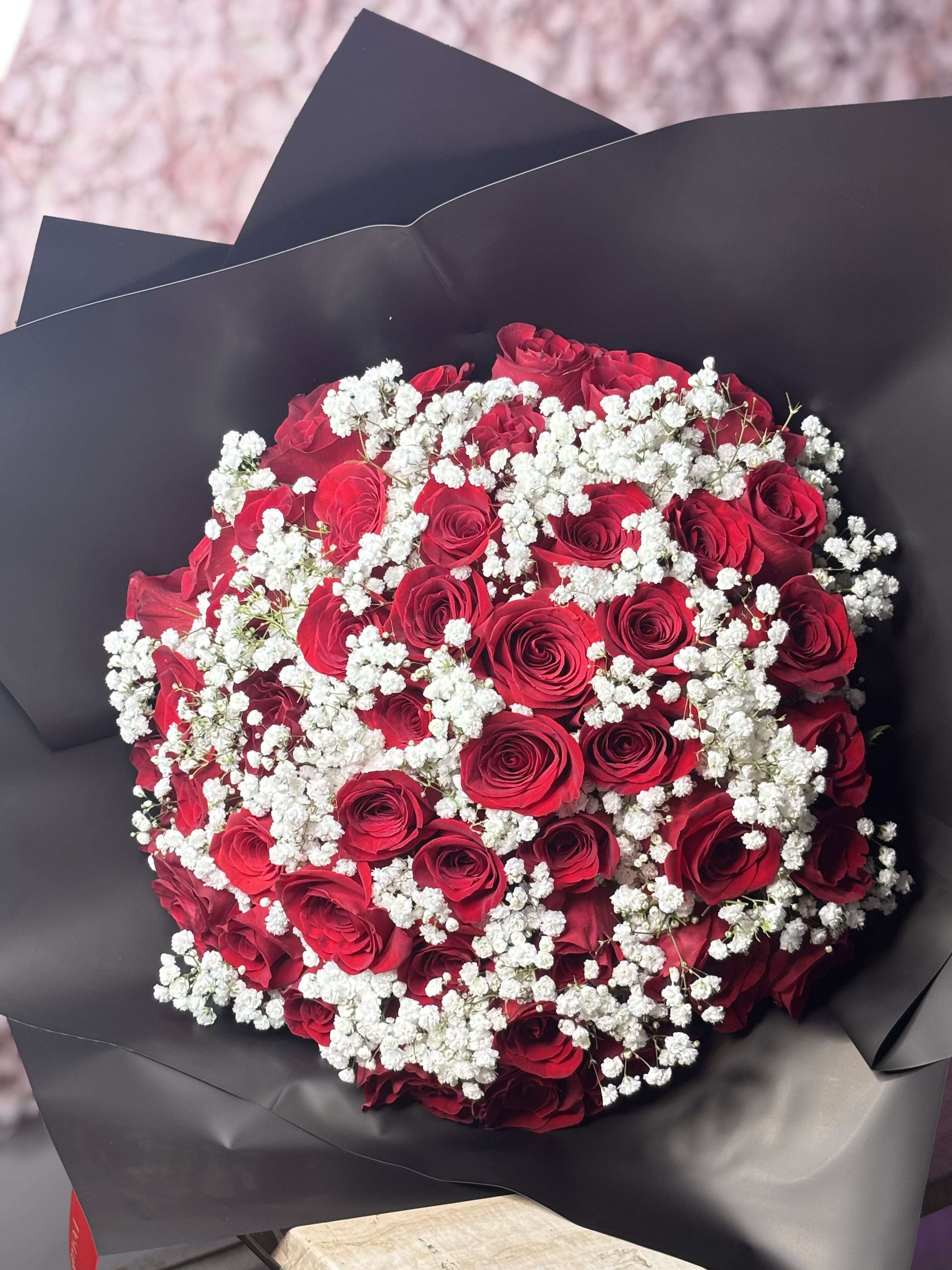 baby breath and roses - 50 fresh red hand-picked roses tied un in bouquet with baby breath