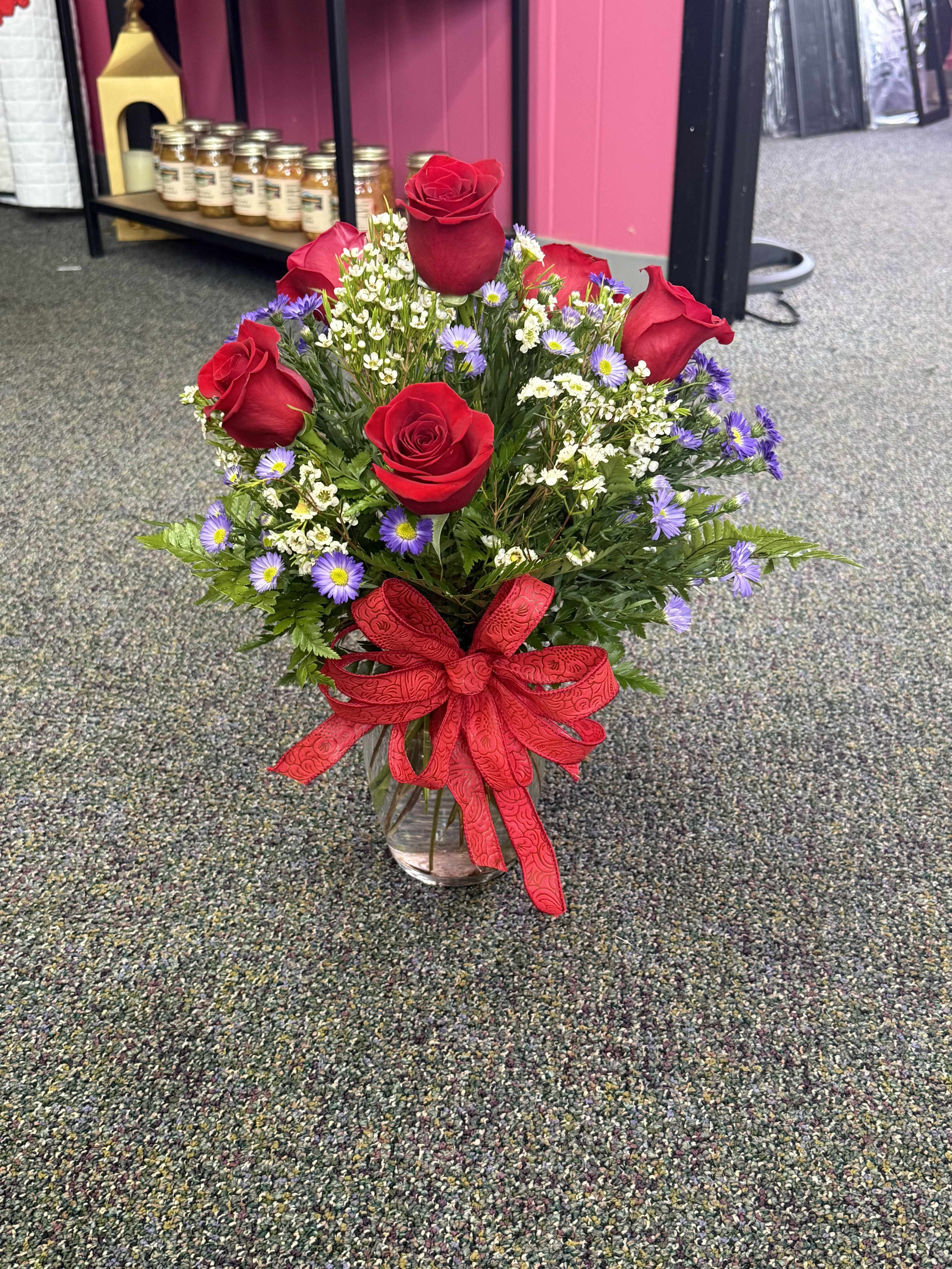 1/2 Dozen Roses - 6 Roses in a vase with filler Please call, for certain color rose  **Some Rose Color's may be out of Stock** 