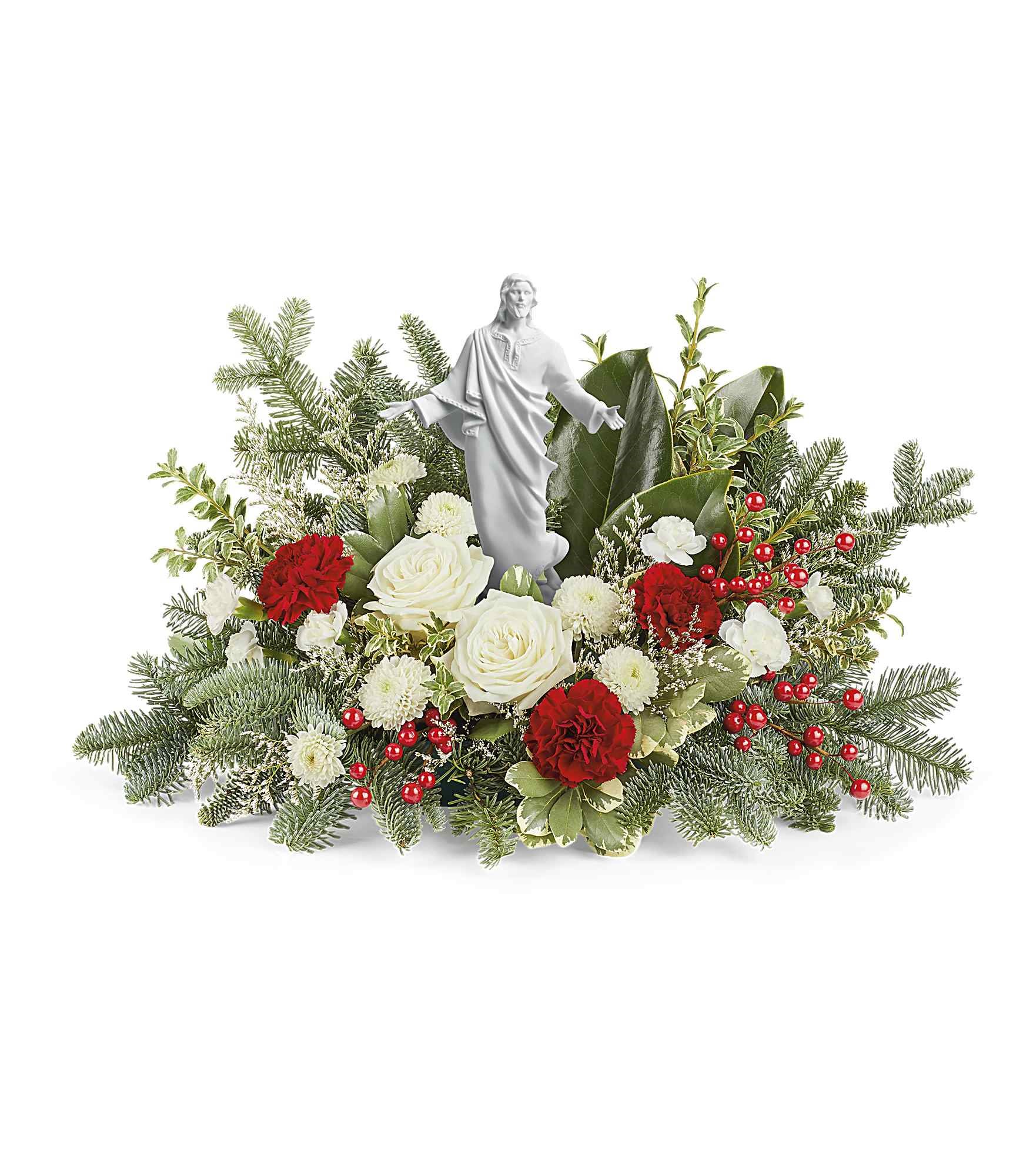 Heavenly Peace - Nestled among radiant red and white blooms, the sacred grace keepsake infuses joy and light into your special occasion.