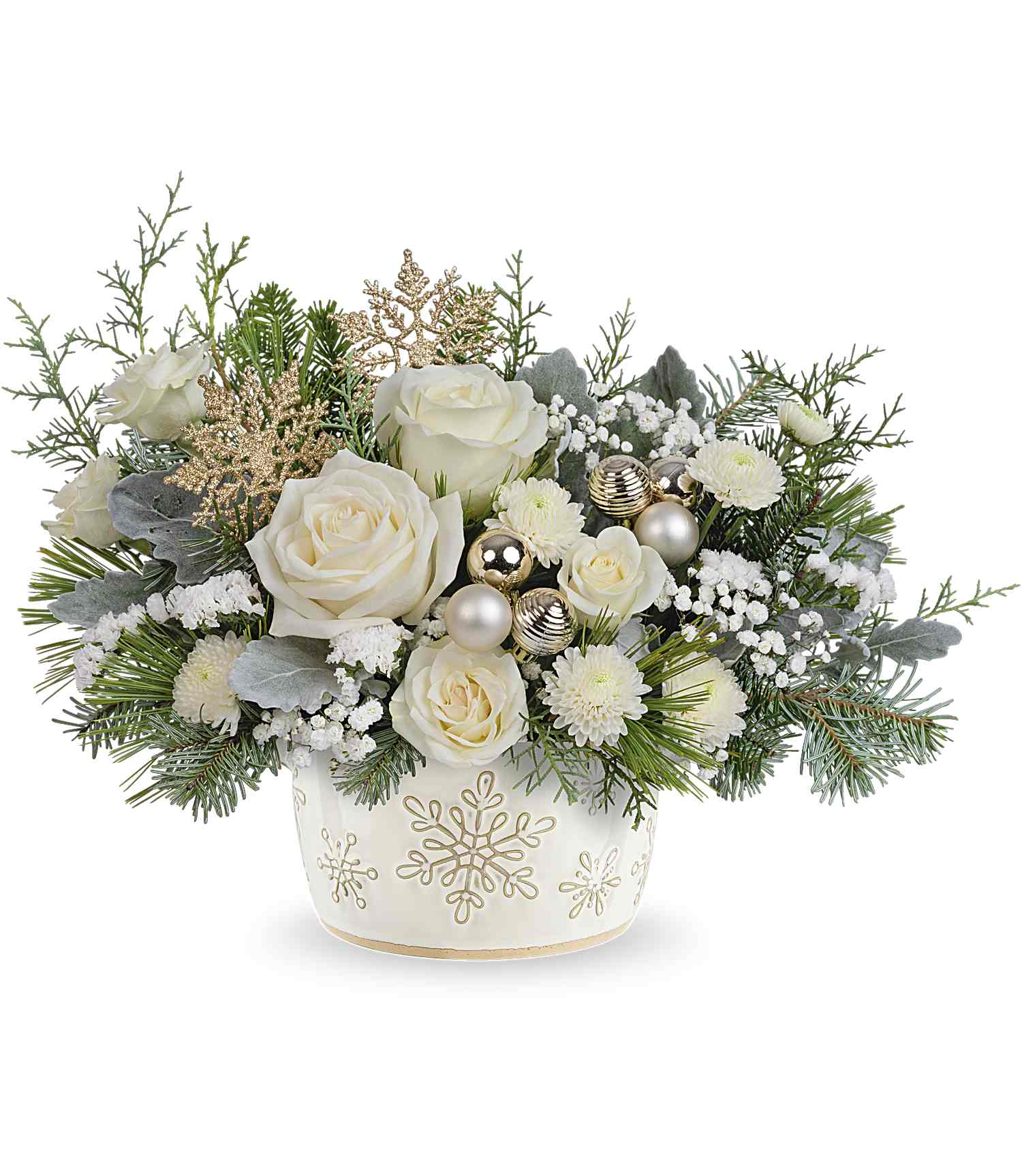 Starry Snowflake Starry Snowflake - Create unforgettable holiday memories with this special delivery of classic Christmas roses, elegantly presented in a hand-painted, distressed serving dish centerpiece adorned with a charming snowflake design. Perfectly food-safe, it adds a festive touch to your seasonal celebrations.