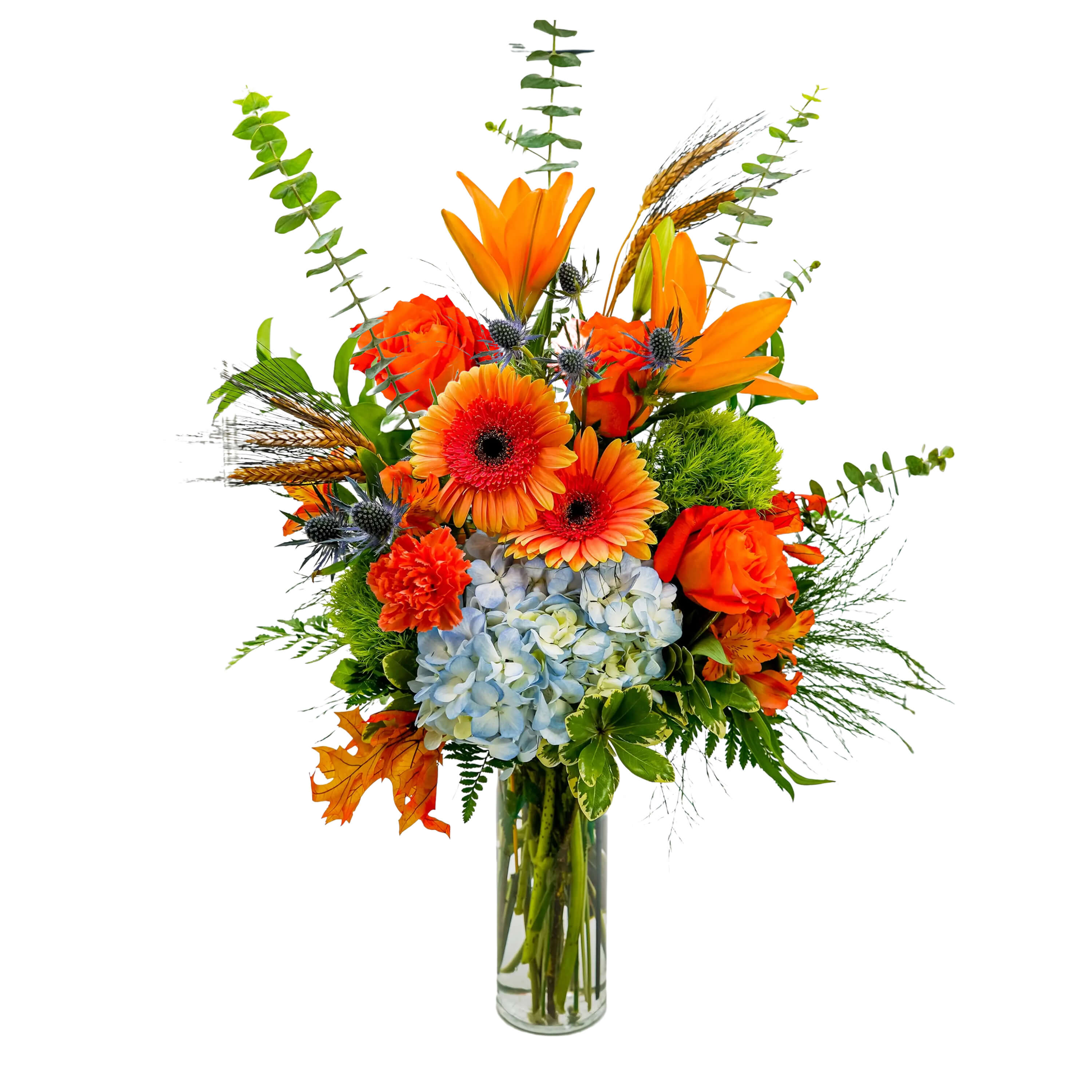 Hay Fever - TMF-1577 Hay Fever - TMF-1577 - Look forward to hayrides and harvest festivals? Hay Fever uses fiery oranges with a cool blue to remind you of the season. Flowers like daisies, roses, hydrangeas, and lilies in fall colors will have you looking forward to fall.  Approximately 20"W X 20"H