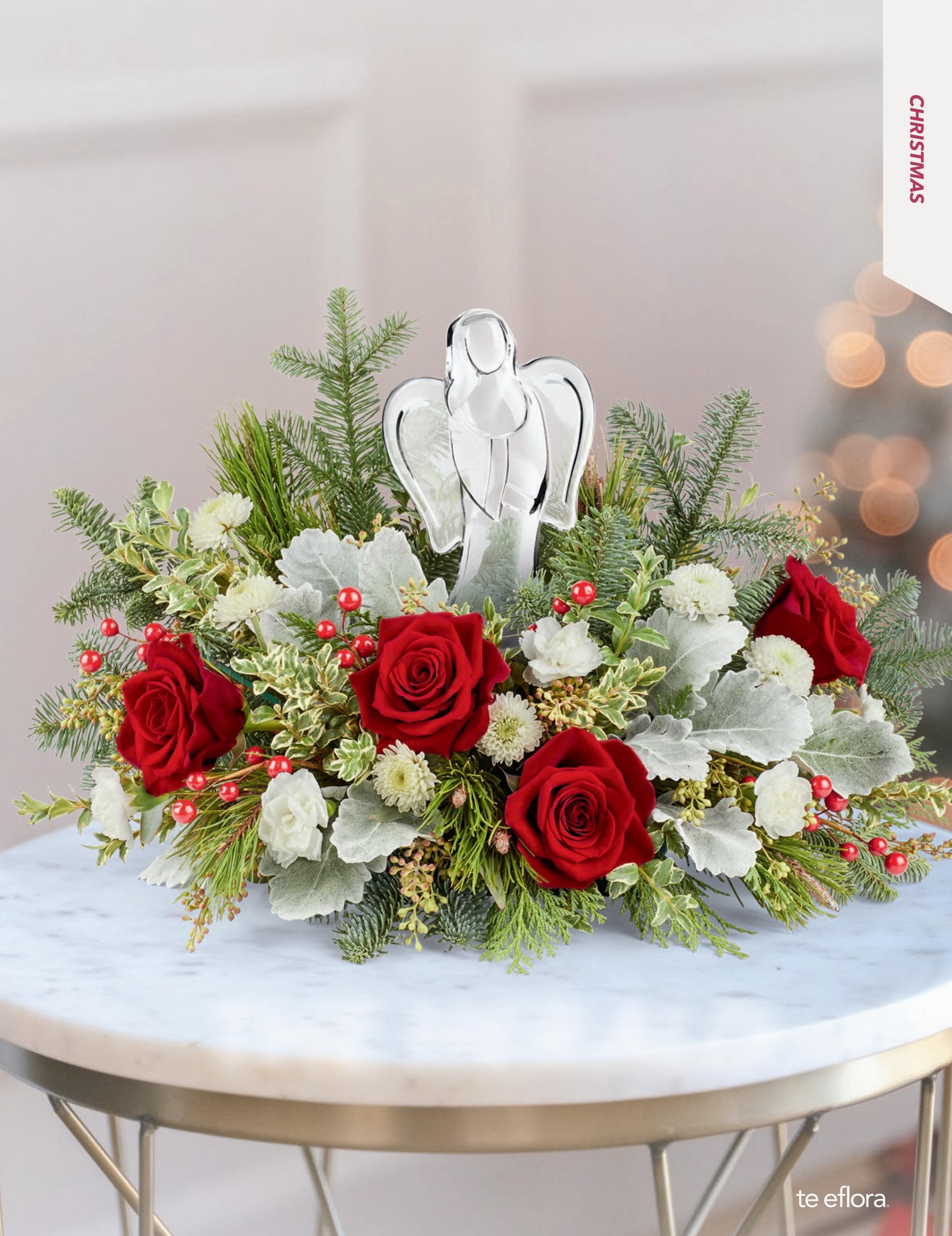 JOY TO THE WORLD JOY TO THE WORLD - KEEPSAKE CRYSTAL ANGEL WITH CHRISTMAS GREENS AND RED AND WHITE FLOWERS