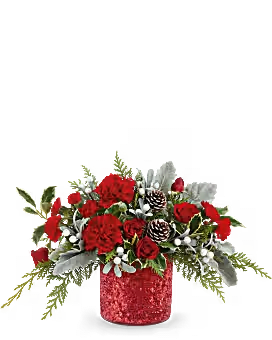 MAGICAL WISH BOUQUET MAGICAL WISH BOUQUET - SHIMMER KEEPSAKE CYLINDER WITH RED FLOWERS AND ASSORTED CHRISTMAS GREENS