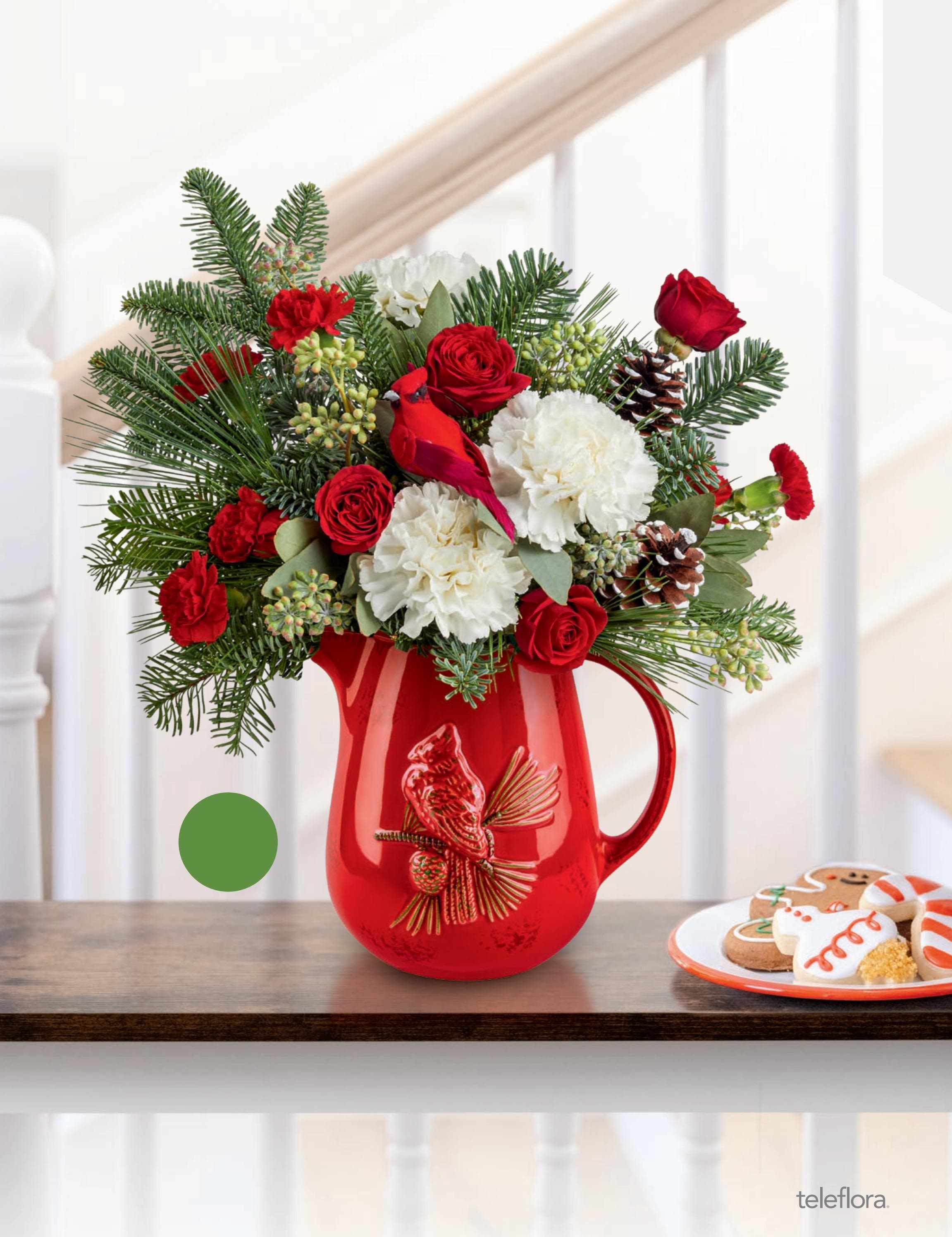 SCARLET CARDINAL BOUQUET SCARLET CARDINAL BOUQUET - CERAMIC KEEPSAKE PITCHER FEATURING  TRADITIONAL CHRISTMAS GREENS AND FLOWERS