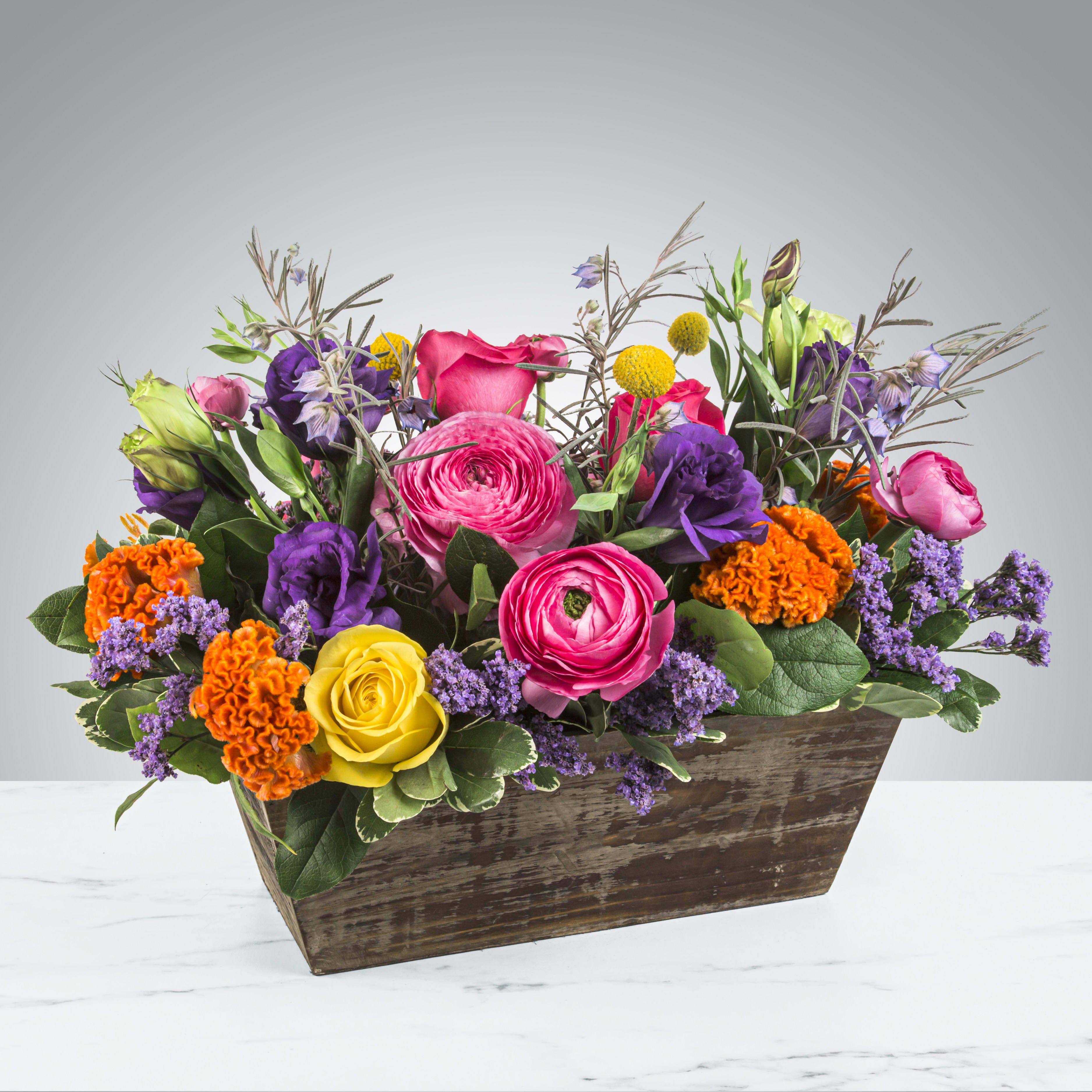 Into the Groove (BR) - Keep things fun with this jewel toned flower box! Ranunculus, roses, and lisianthus in a wooden garden box give this arrangement its bright colors and textures to create a beautiful centerpiece or gift.