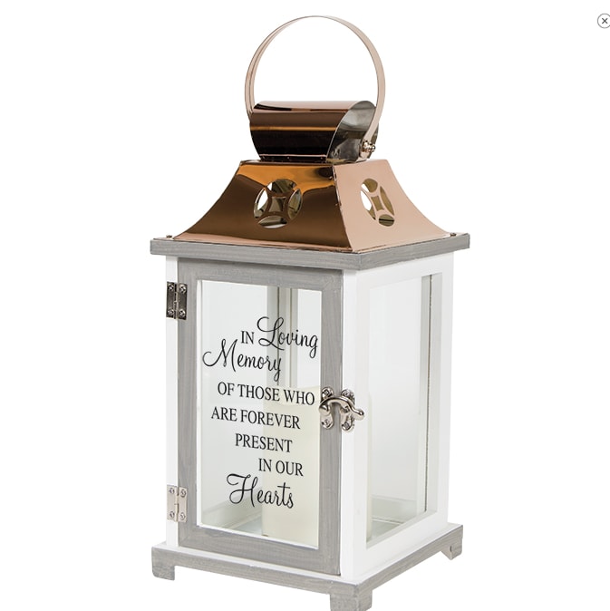 Lantern - In Loving Memory - This lantern is made from quality wood and a stainless steel copper finish top. It features a built-in automatic timer which runs for 6 hours on and 18 hours off(3-AAA batteries are NOT included) and is uv printed with a sentimental quote. DO NOT use fire burning candles in the lantern. Suitable for hanging or free-standing use inside. Recommended as an accent in floral arrangements for many occasions! W: 6.25&quot; H: 13.5&quot; D: 6.25&quot;