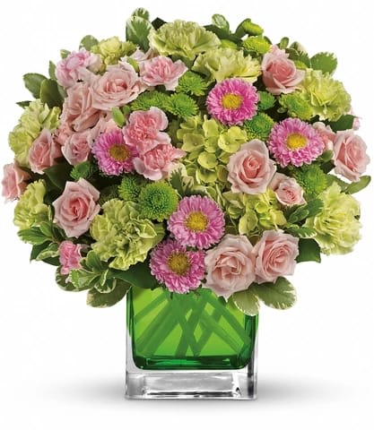 MAKE HER DAY MAKE HER DAY - Sweetly sophisticated, this arrangement of green miniature hydrangea and light pink spray roses presented in our citrus green glass cube is the perfect gift. Size: 11''x 11H