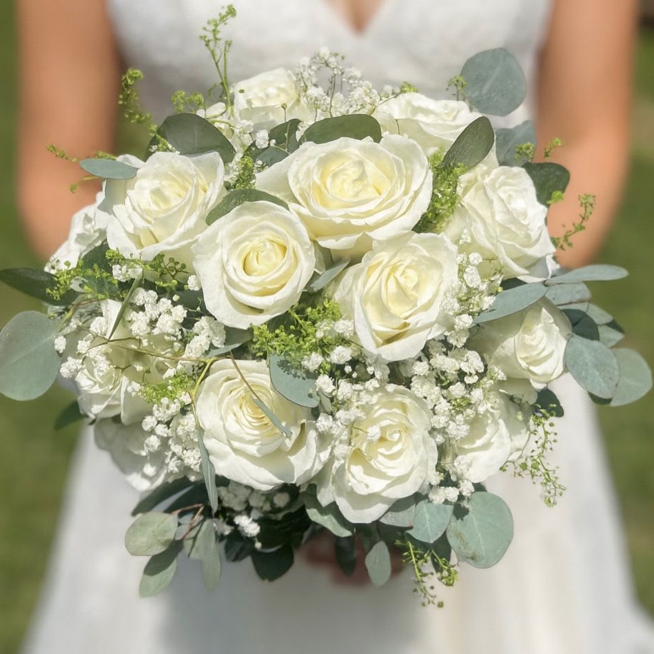 Bridal Bouquet — Roses &amp; Gyp - Our Bridal Bouquet: Roses &amp; Gyp is the perfect blend of classic elegance and soft romance. Featuring lush white roses, delicate baby's breath, and the subtle shimmer of silver dollar eucalyptus. Approx. size 11-12&quot;   Designed with simplicity and ease in mind, it's ideal for a destination wedding, a quick courthouse ceremony, or an intimate elopement. 