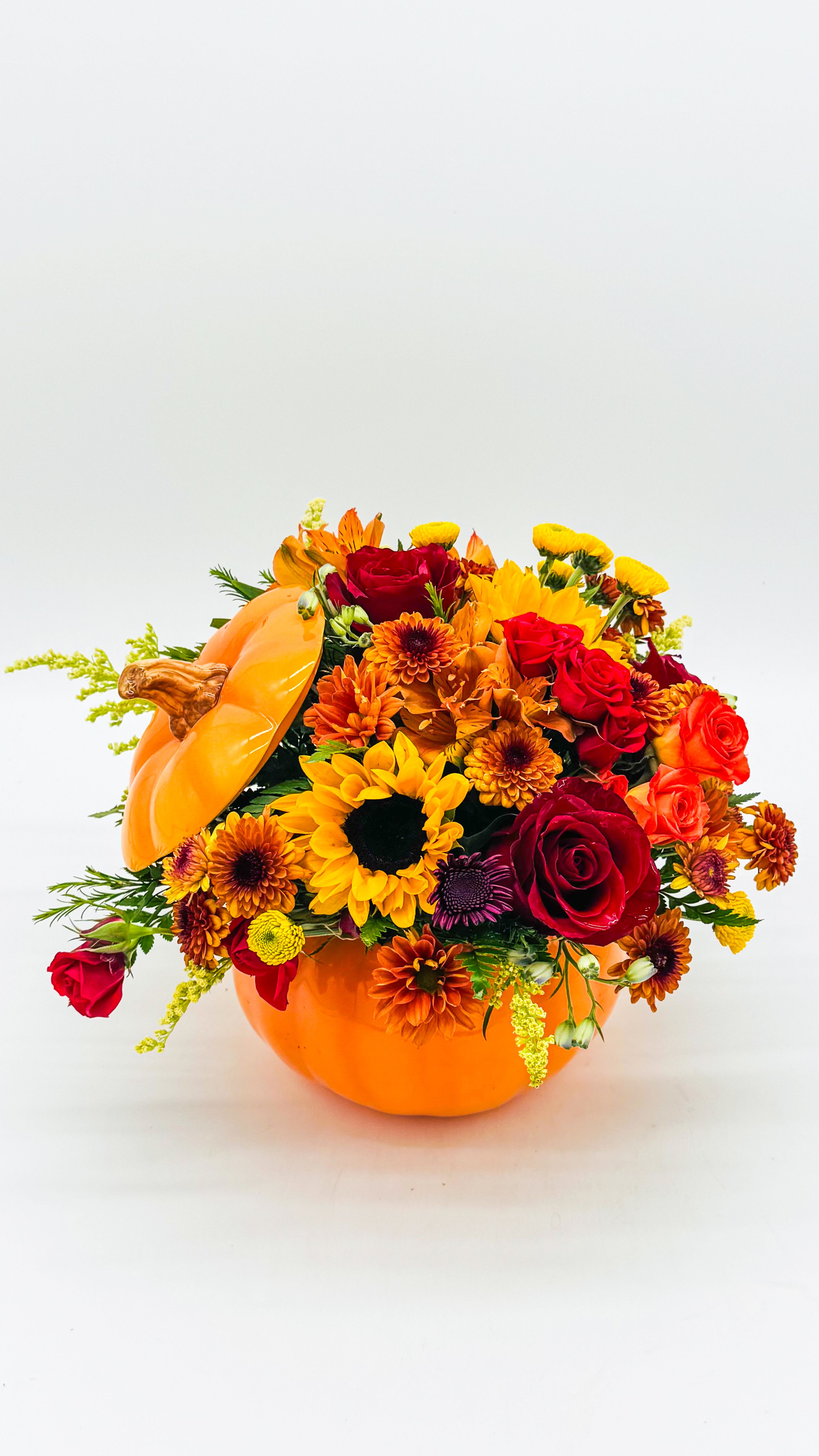 Days of Autumn Pumpkin  - Fall colors arrangement in pumpkin container .********CONTAINER MIGHT BE IN DIFFERNT COLOR LIKE WHITE OR GREEN***********