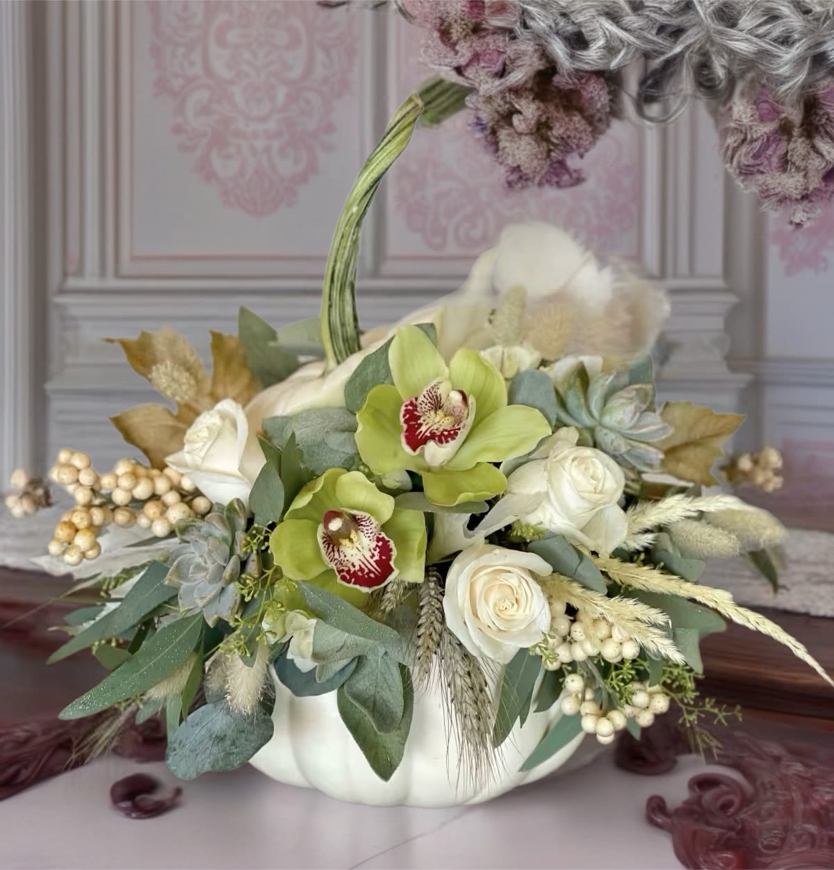 Pumpkin Spa Day   - Green and white color composition in pumpkin arrangement would look so elegant in your room . Sometimes we get overwhelmed with bright colors . This design is for you ! It’s a Spa Day Pumpkin !  