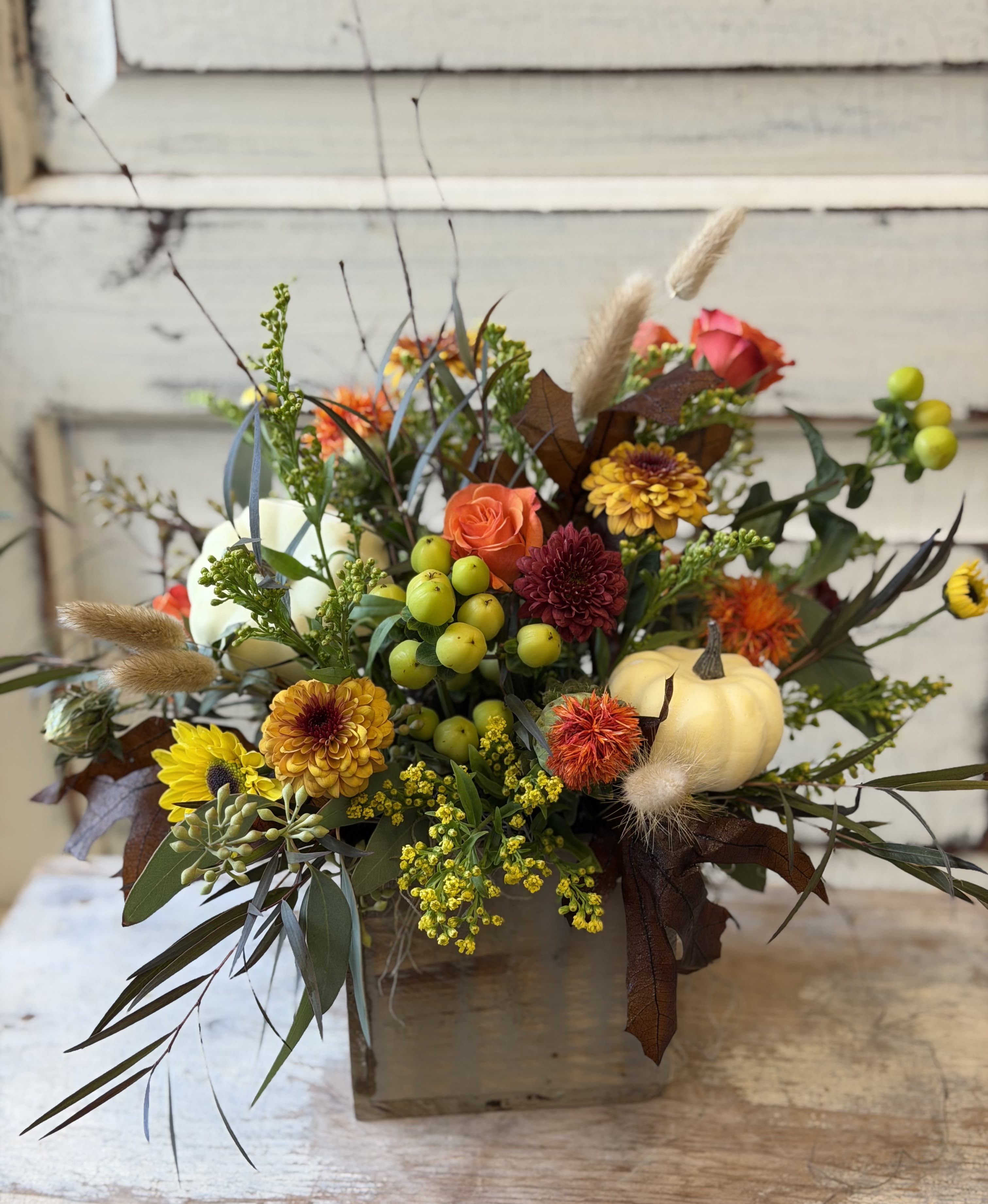 Box of Autumn's Bounty - This design combines autumn colors and textures and includes two artificial white pumpkins.  Perfect for the table! The 4x4&quot; box will be a white or gray washed wood. (Deluxe version is inside a 5x5&quot; box.)