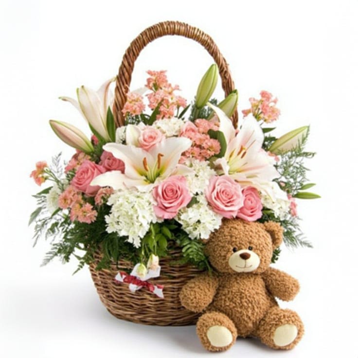 Blooming Basket and Bear - A rustic woven basket brimming with elegance and freshness. At its heart, a generous bouquet of pristine white lilies unfurls, their trumpet-shaped petals exuding a sweet, subtle fragrance. Nestled among the lilies are lush green accents—sprigs of eucalyptus, ferns, and delicate ruscus—that add texture and vibrancy, creating a harmonious contrast with the soft white blooms.  Tucked gently into the arrangement is a cuddly plush bear, its soft fur and gentle smile adding a touch of whimsy and warmth. The bear peeks out from the foliage as if guarding the blooms, making the entire basket feel like a heartfelt gift of comfort and joy.  Perfect for Sympathy celebrations, get-well wishes, or simply brightening someone’s day, this basket blends natural beauty with a tender, playful spirit.