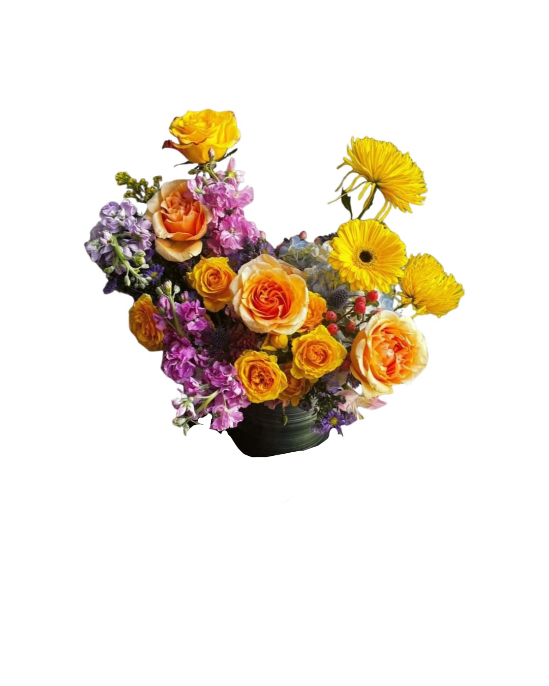 Summer serenade - A bright and joyful vase arrangement mixing sunshine tones with soft pastels. Designed with yellow roses, peach garden roses, gerbera daisies, stocks, spray roses, hydrangea, berries, and delicate fillers, all arranged in a modern green glass vase. Perfect for birthdays, celebrations, housewarmings — or simply to bring warmth and happiness into any room.   Note: Some flowers may be substituted with equal-value seasonal blooms while keeping the same color palette and style.