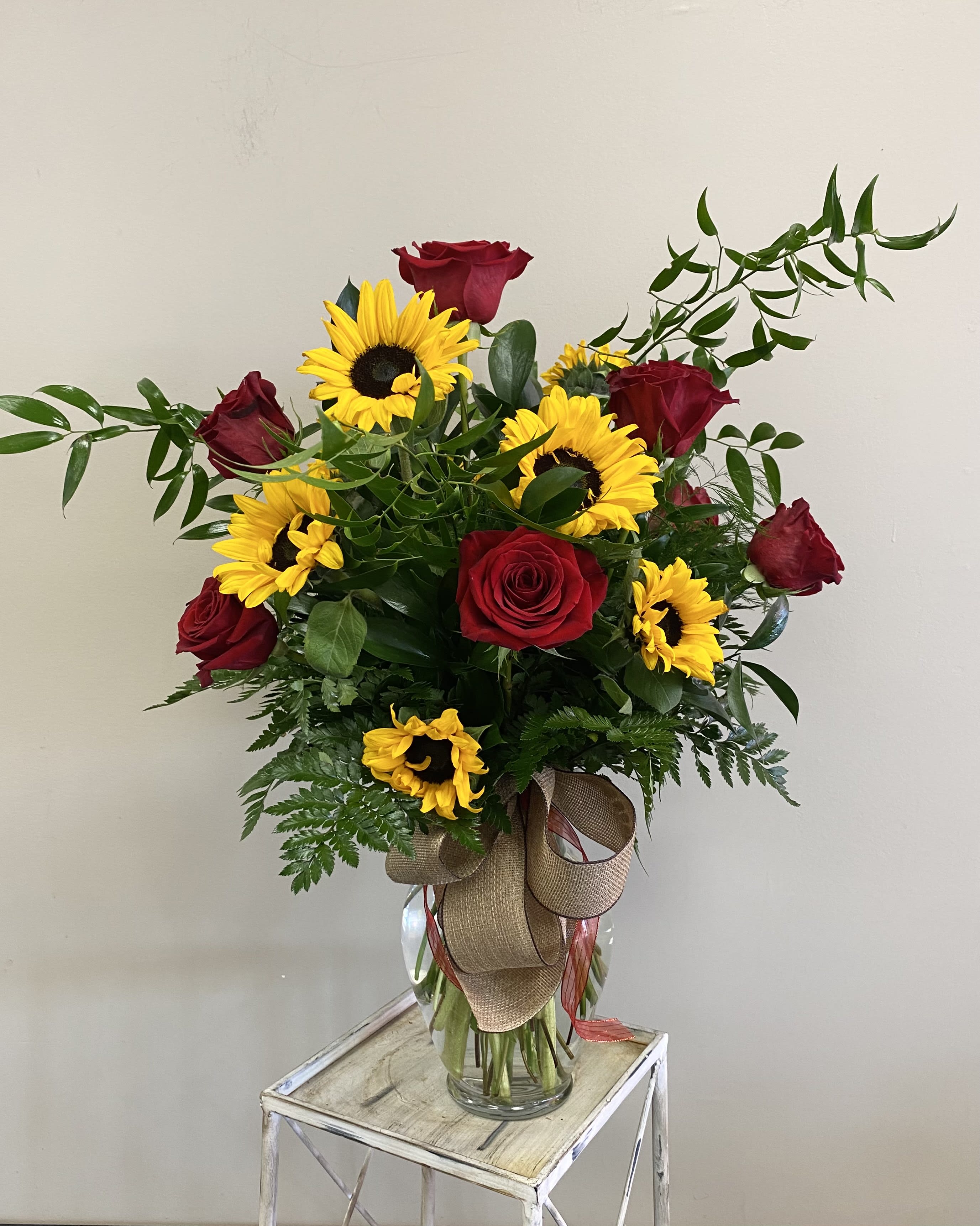 Sunflower Love  Sunflower Love  - A luscious mix of red roses and sunflowers
