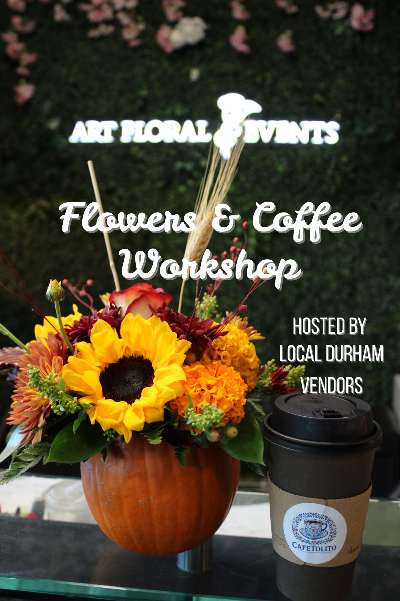 Flowers and Coffee Workshop - Welcome to Flowers and CafeTolito Workshop!  Join us for a delightful evening filled with beautiful blooms, aromatic coffee and light snacks. Indulge in a &quot;make your own pumpkin theme bouquet&quot;. Here we'll teach you cute tips and tricks on floral arranging.   We provide everything you need to create your own stunning pumpkin bouquet to take with you! Come mingle with fellow guests or bring a friend!, enjoy the cozy ambiance, and treat your senses to a unique experience. Don't miss out on this special evening!  Date and time Thursday, November 13th  · 7:30pm - 8:30pm  Doors Open at 7:15pm Location 3024 Holloway Street, Durham, NC
