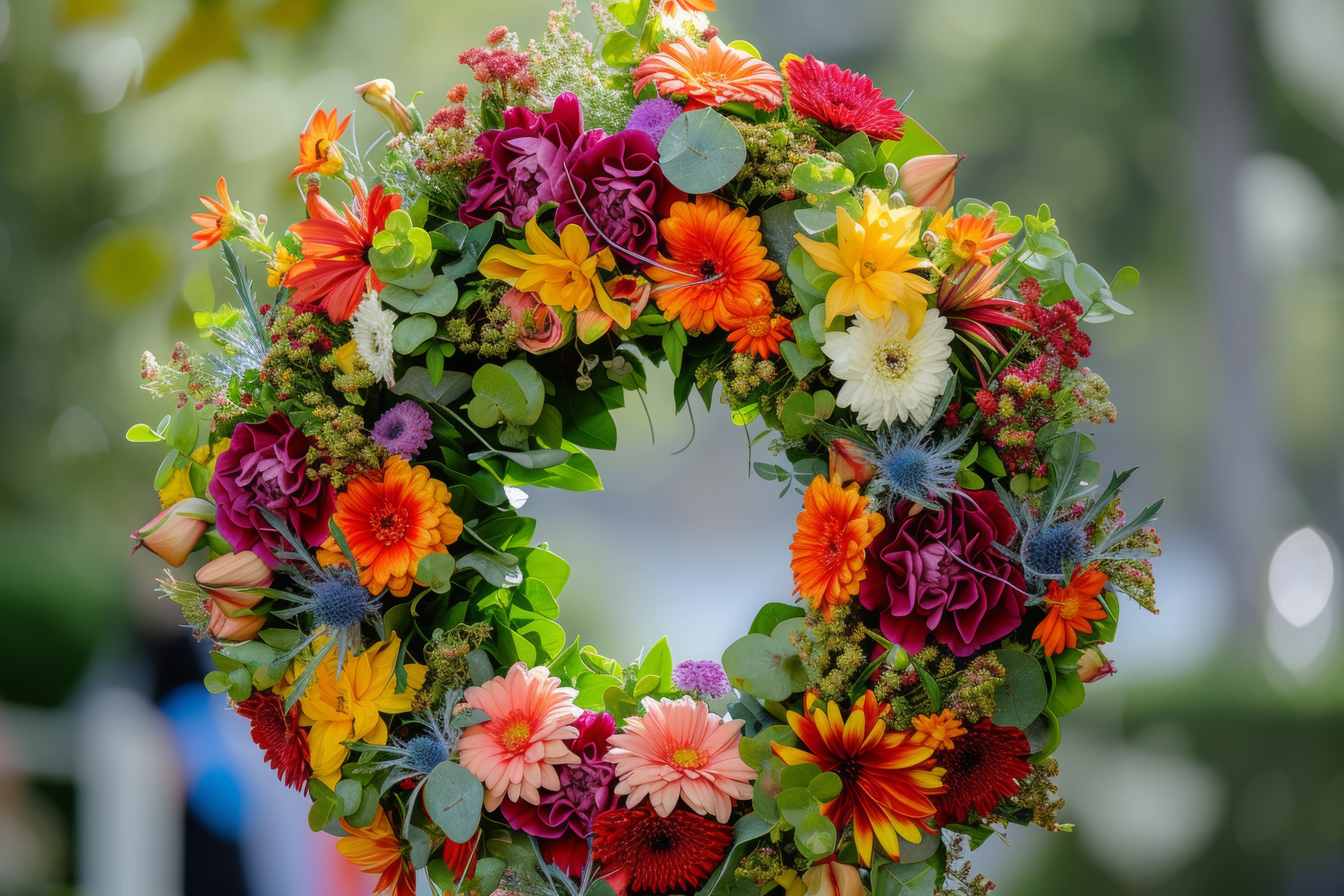 Garden Glory Wreath  Garden Glory Wreath  - Bring a burst of vibrant joy to any space with our Garden Glory Wreath. Designed with seasonal blooms like gerbera daisies, lisianthus, thistle, roses, and lush eucalyptus, this colorful piece radiates warmth and celebration. Perfect for ceremonies, memorials, or simply to brighten your front door. 	Handmade with love and local blooms.