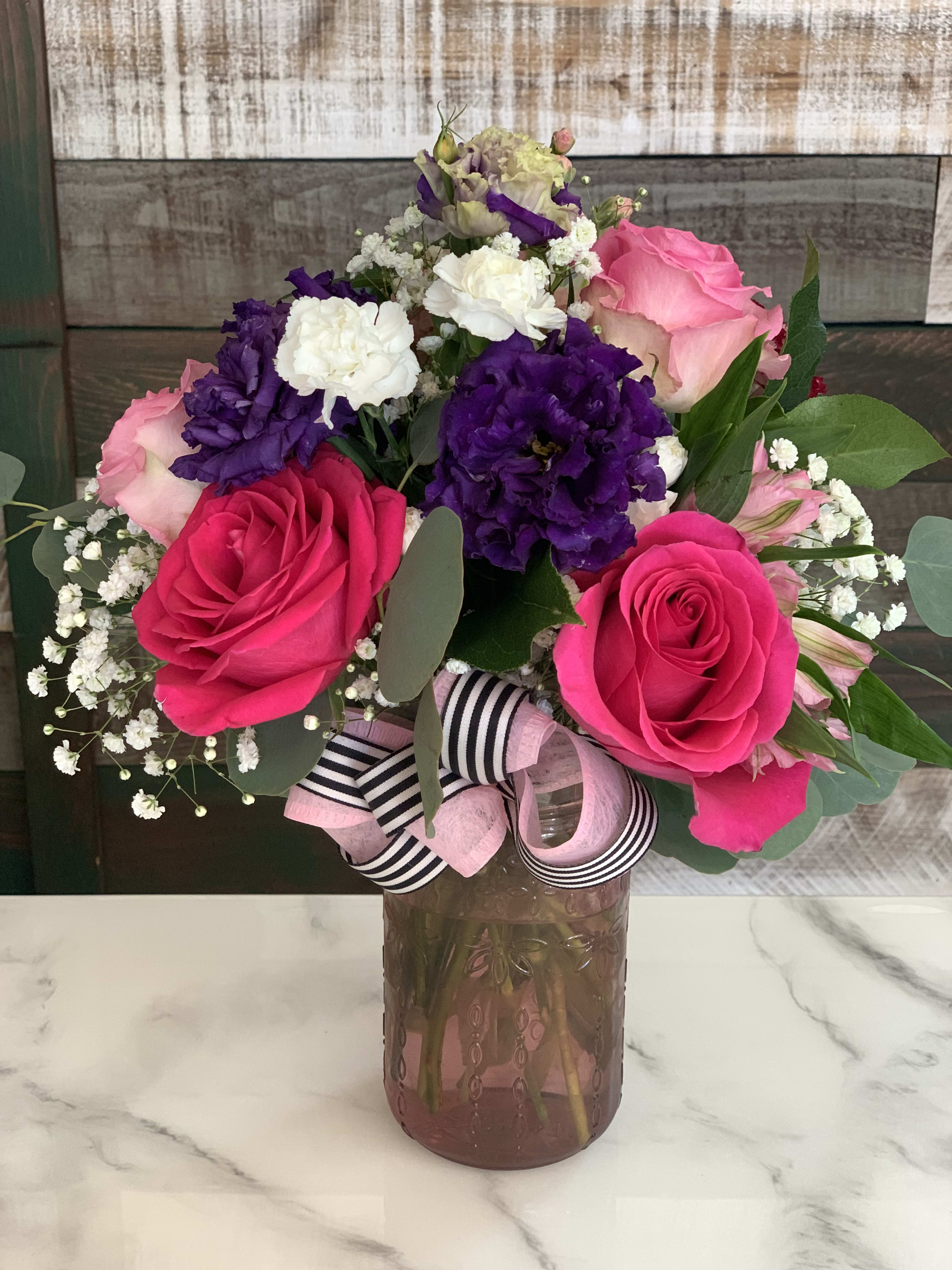 Bestie -  Blue, Green or Yellow Mason Jar with assorted roses and flowers perfect for a friend or bestie!  