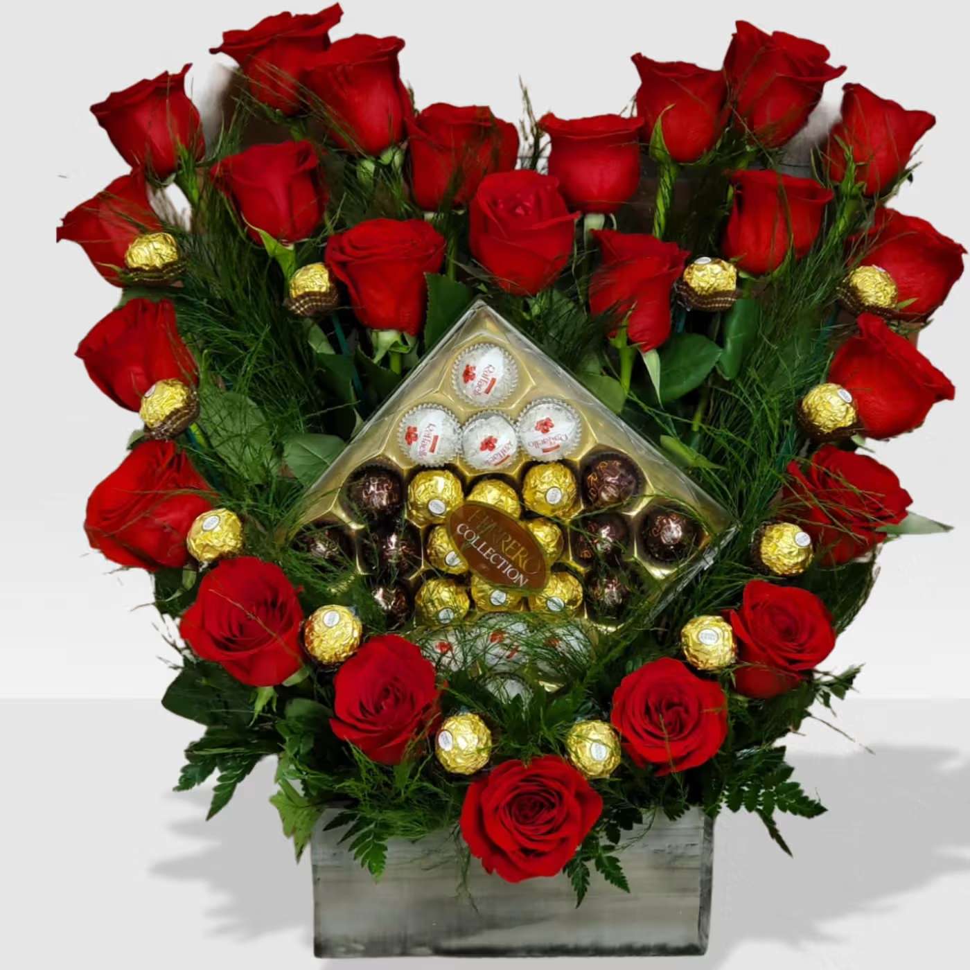 Sweetheart - 24 Red roses with a box of chocolate in a wood box.