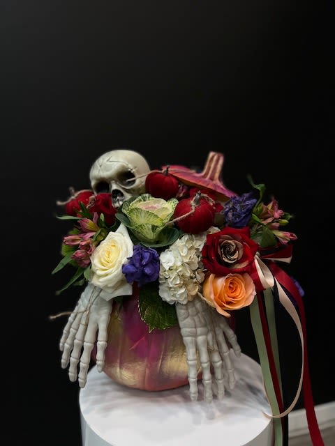 Hello Pumpkin Bouquet  - Welcome Fall into your home with this warm and cozy, Hello Pumpkin arrangement. The autumnal mix will add a sophisticated touch with crème roses combined with the warm hues of bronze chrysanthemums and peach mini carnations! This charming arrangement features crème roses, white alstroemerias, peach miniature carnations, bronze cushion spray chrysanthemums, and seeded eucalyptus. Delivered in the Hauntingly Pretty Pumpkin.