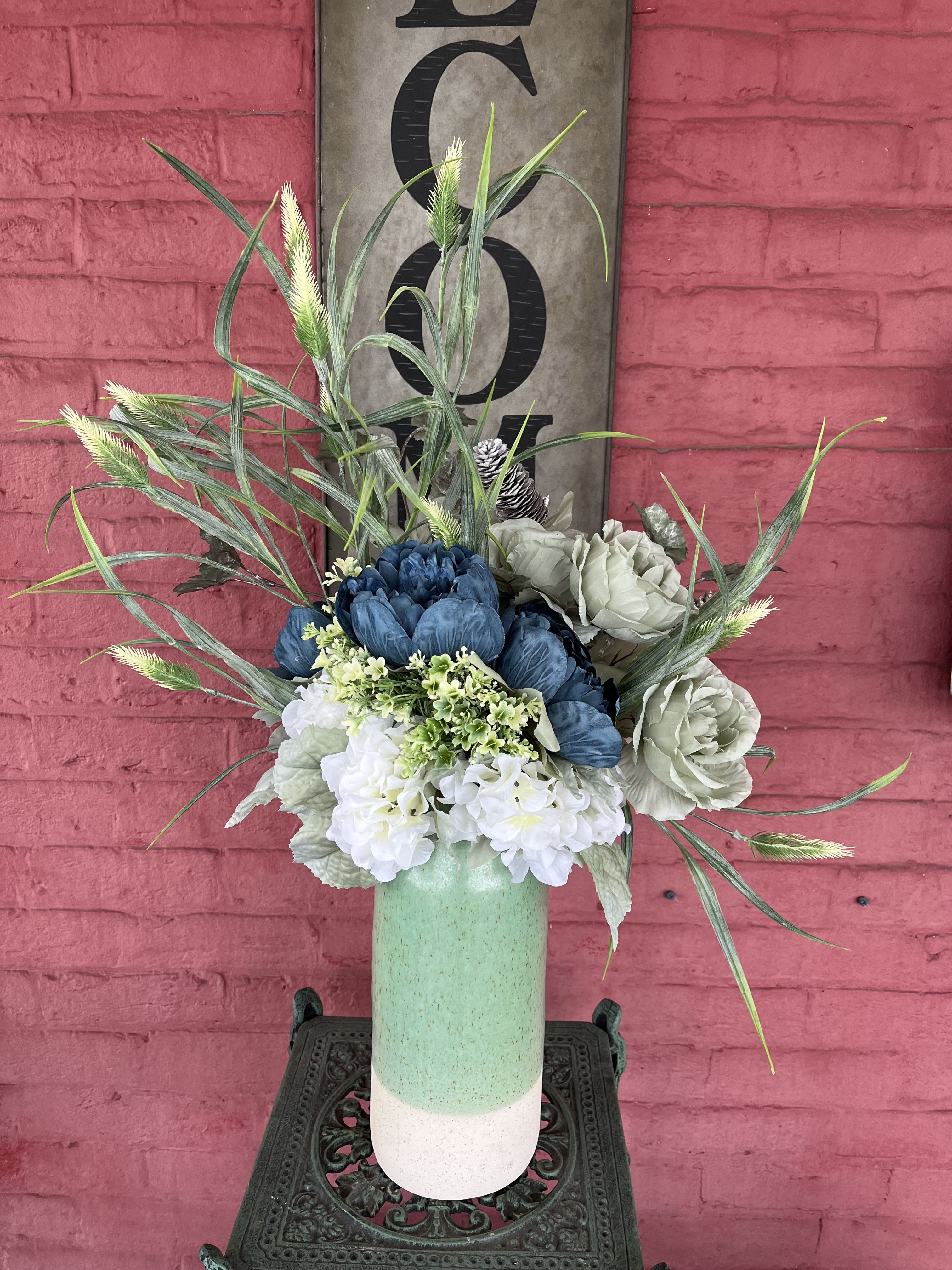 Forever Autumn Pitcher SILk - A silk arrangement of trendy fall colors in a stone  pitcher. A lovely centerpiece for your autumn decor.